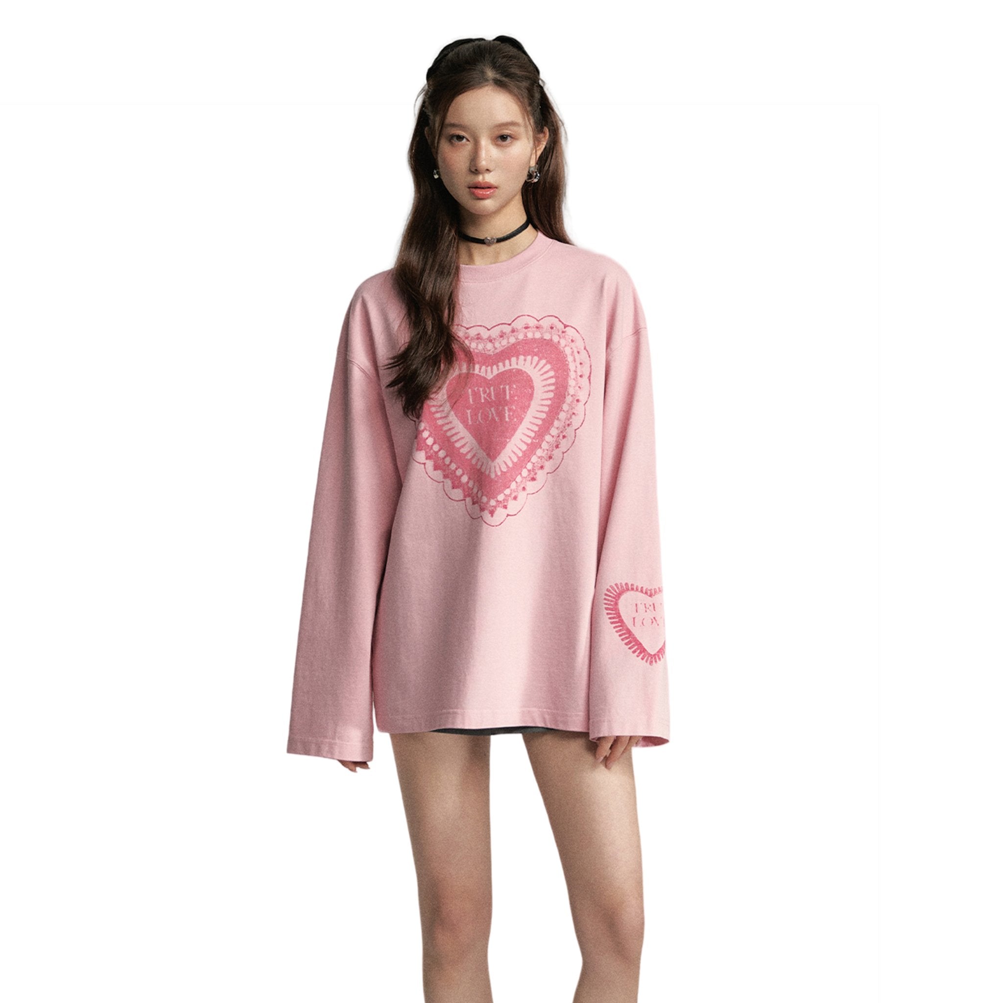 SOMESOWE Vintage Lace Love Cotton Long sleeved T-shirt in Pink | MADA IN CHINA