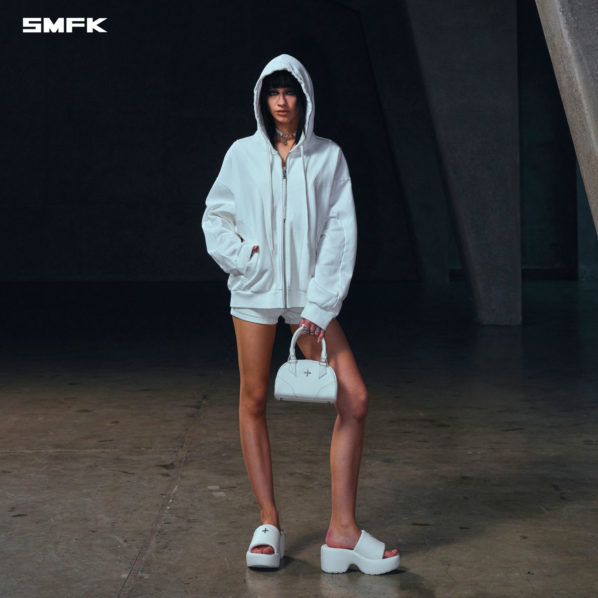 SMFK Vintage Muse Loose Zipper Sports Hoodie In Cloud White | MADAX