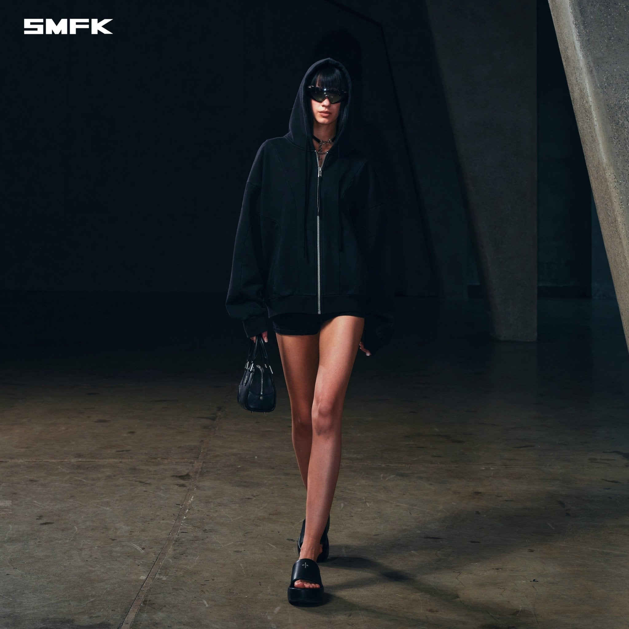 SMFK Vintage Muse Loose Zipper Sports Hoodie In Vanish Black | MADAX