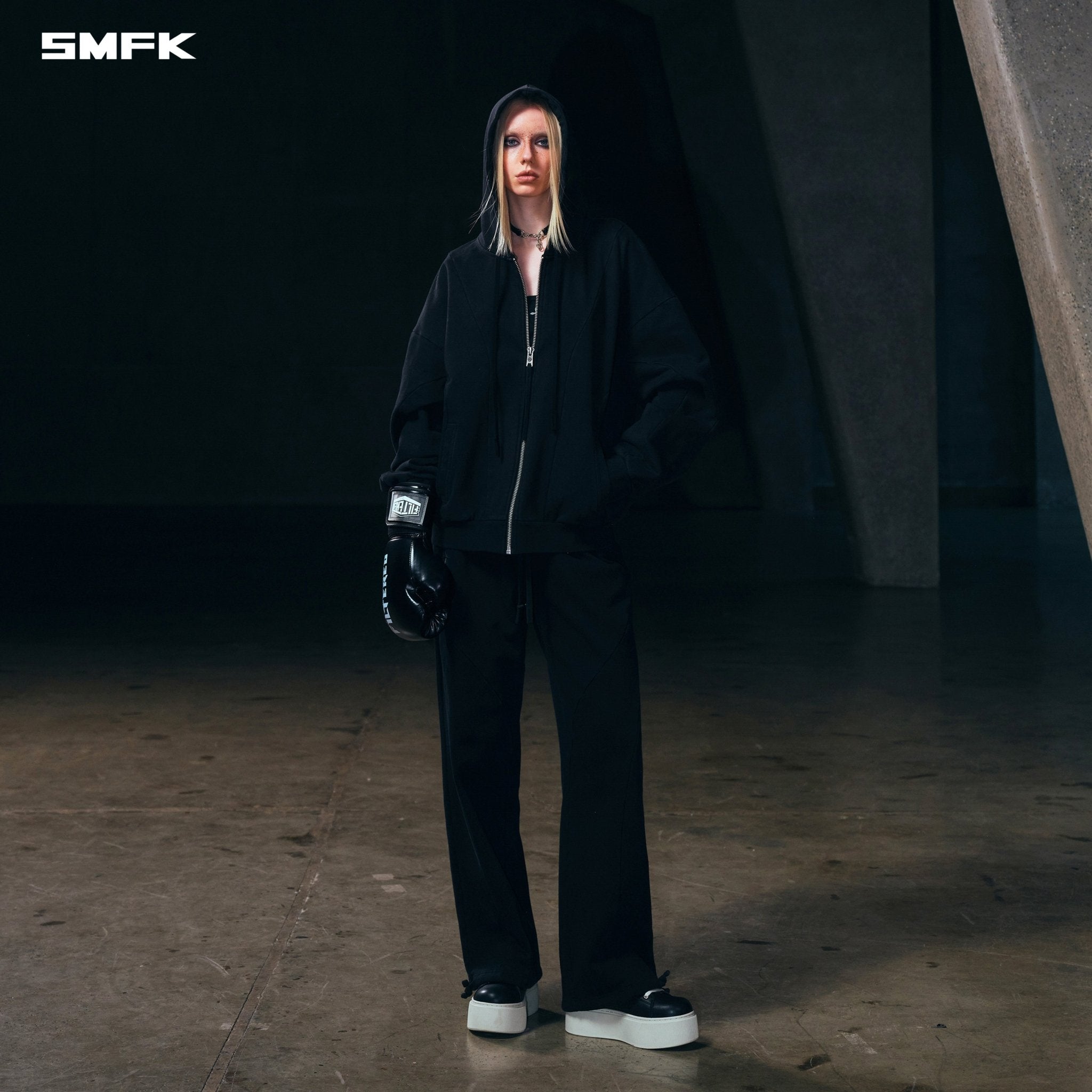 SMFK Vintage Muse Loose Zipper Sports Hoodie In Vanish Black | MADAX