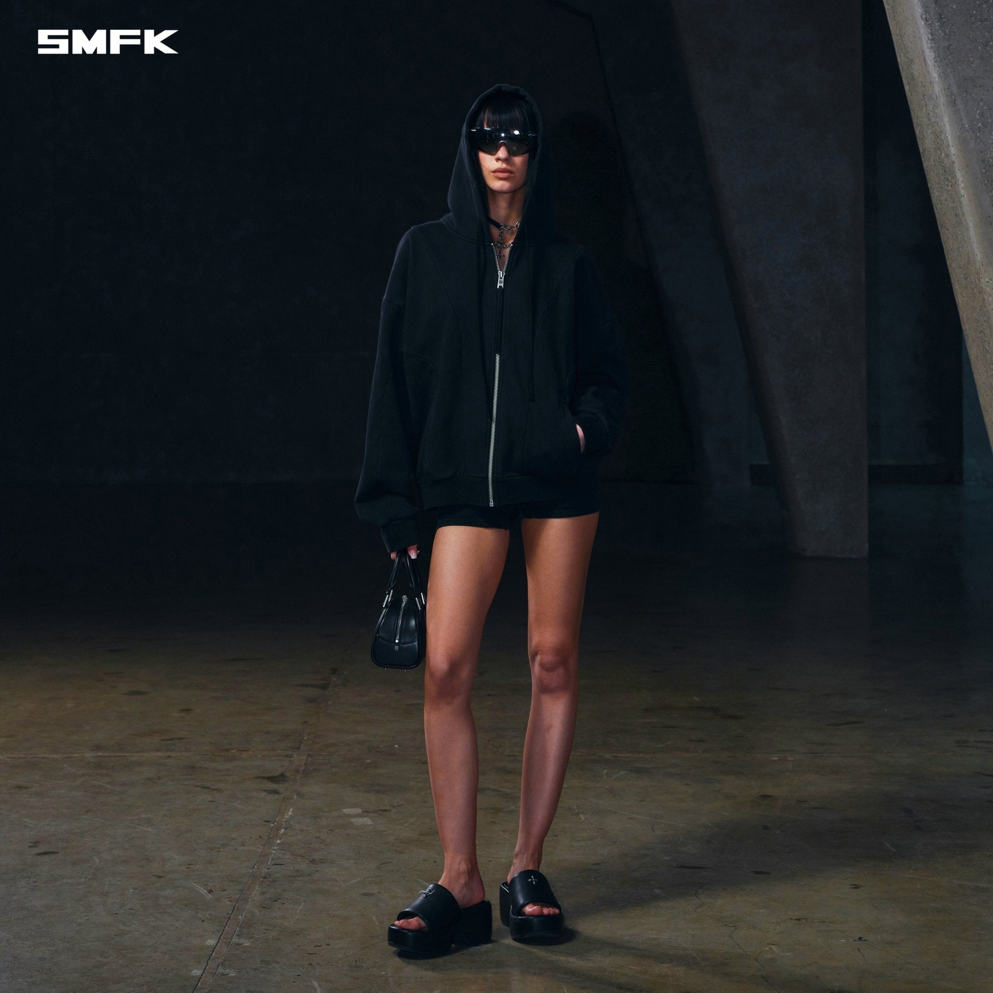 SMFK Vintage Muse Loose Zipper Sports Hoodie In Vanish Black | MADAX