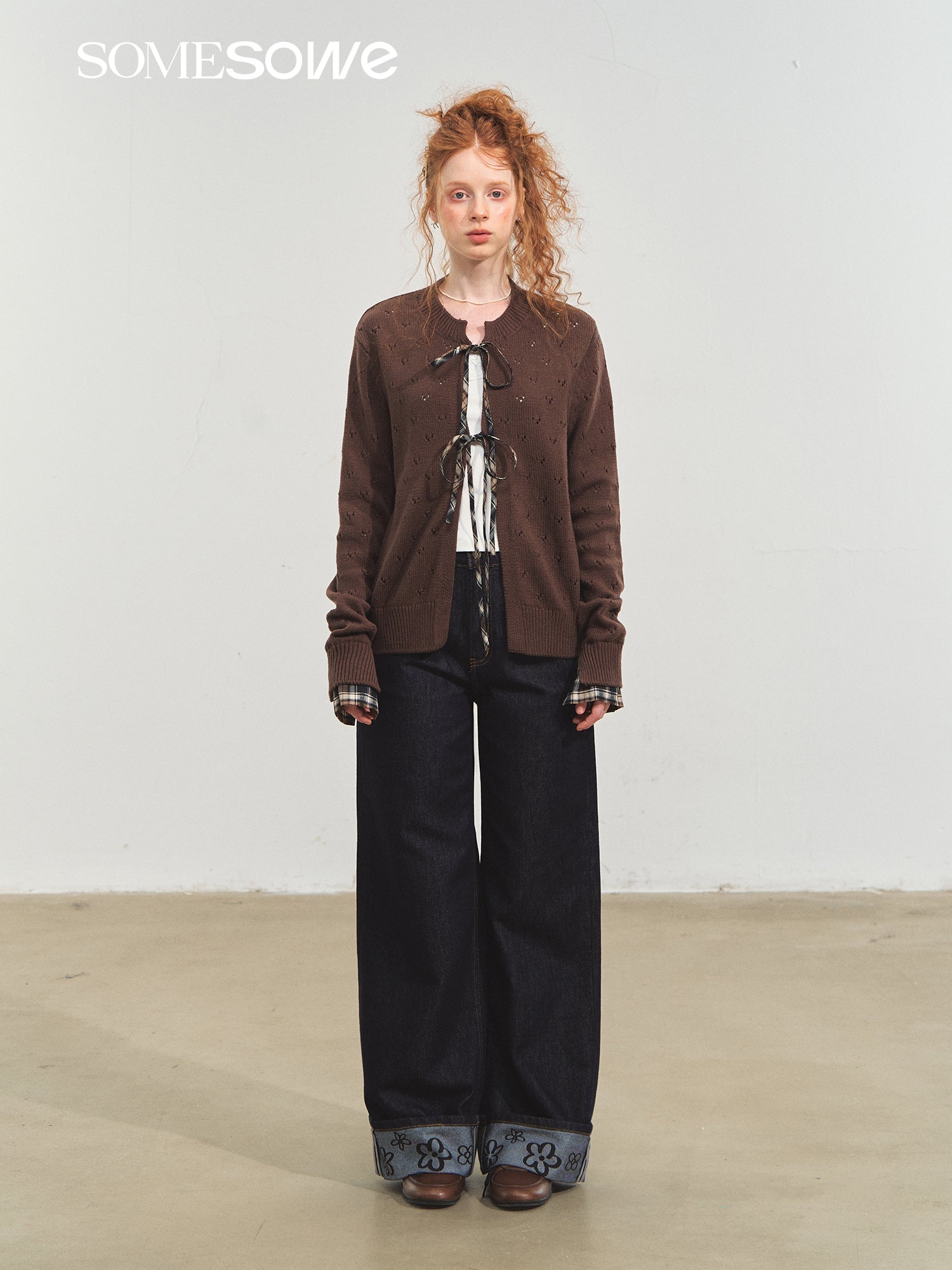 SOMESOWE Vintage Plaid Lace - Up Cardigan In Brown | MADAX