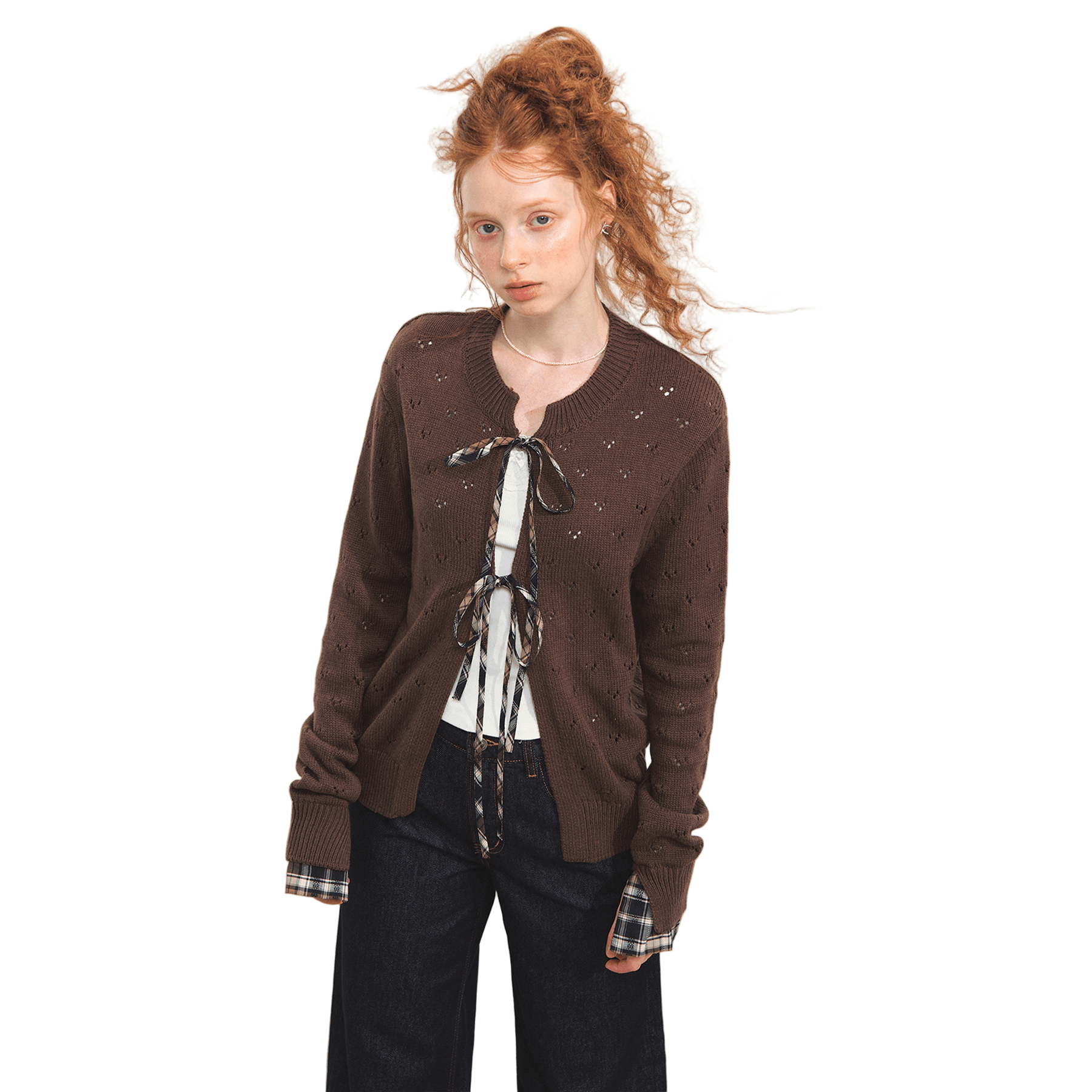 SOMESOWE Vintage Plaid Lace - Up Cardigan In Brown | MADAX