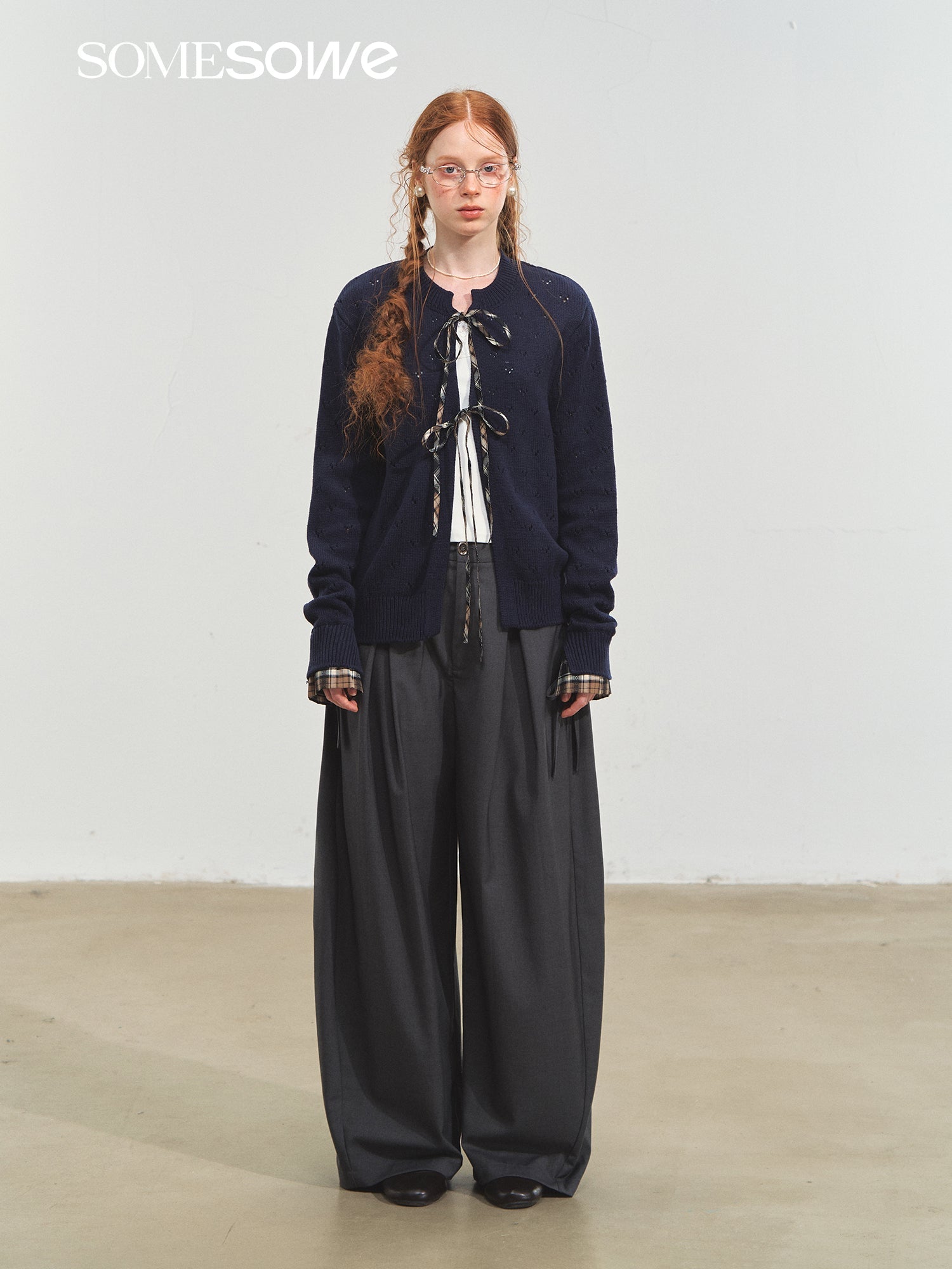 SOMESOWE Vintage Plaid Lace - Up Cardigan In Navy | MADAX