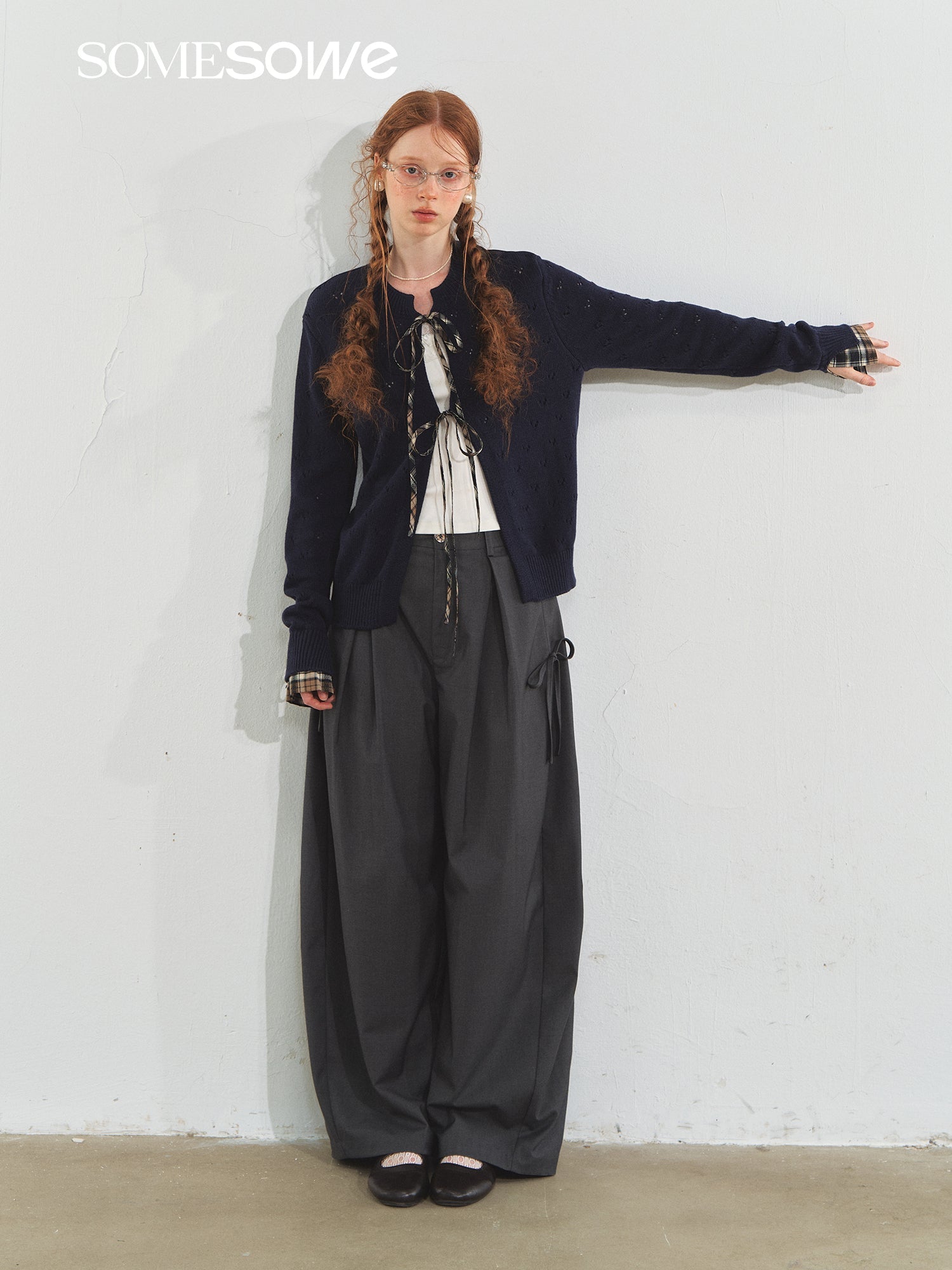 SOMESOWE Vintage Plaid Lace - Up Cardigan In Navy | MADAX