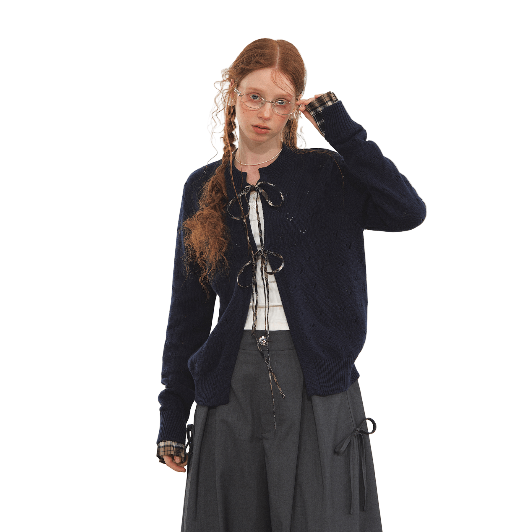 SOMESOWE Vintage Plaid Lace - Up Cardigan In Navy | MADAX