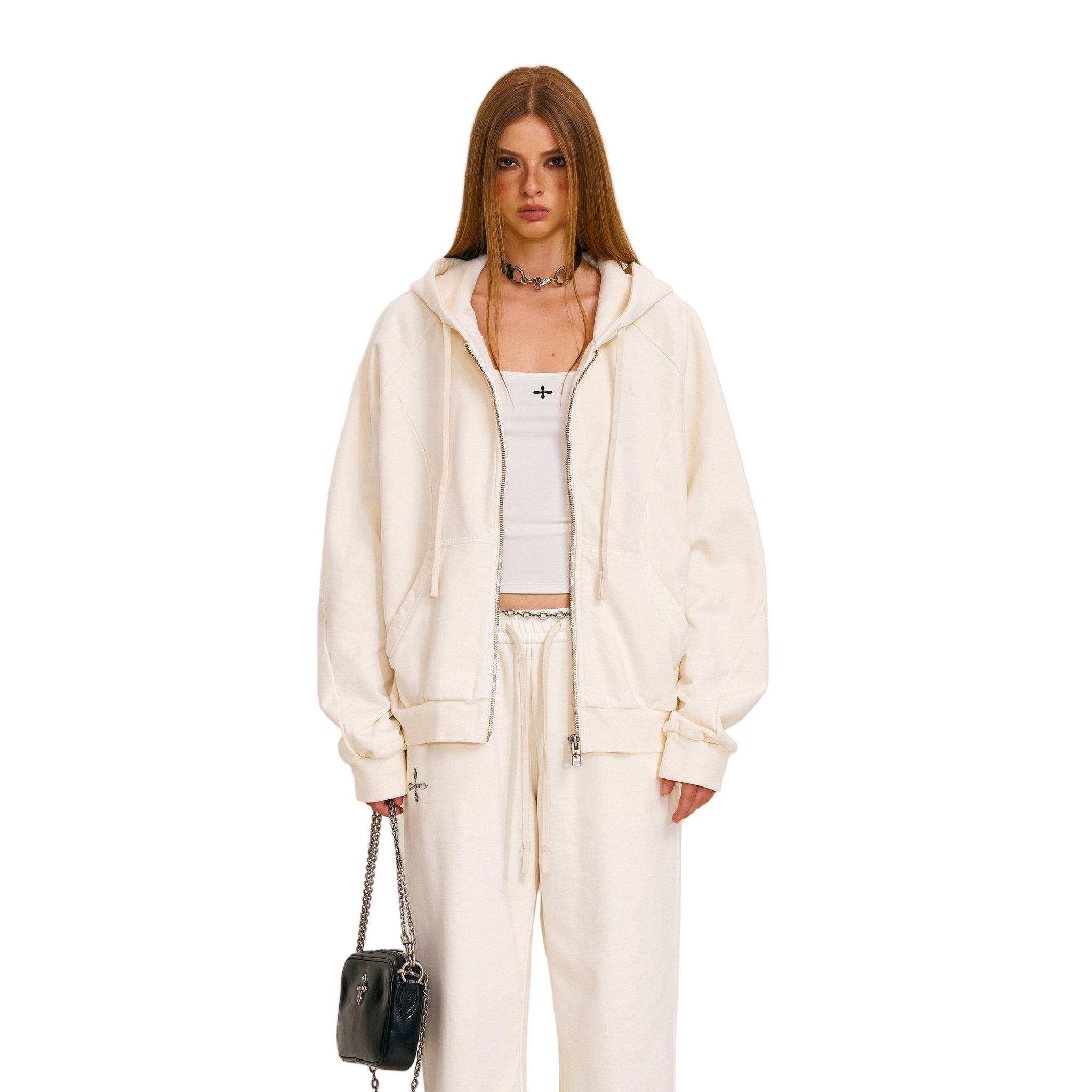 SMFK Vintage - Savage Loose Sports Zip Hoodie in Snow Mountain White | MADAX