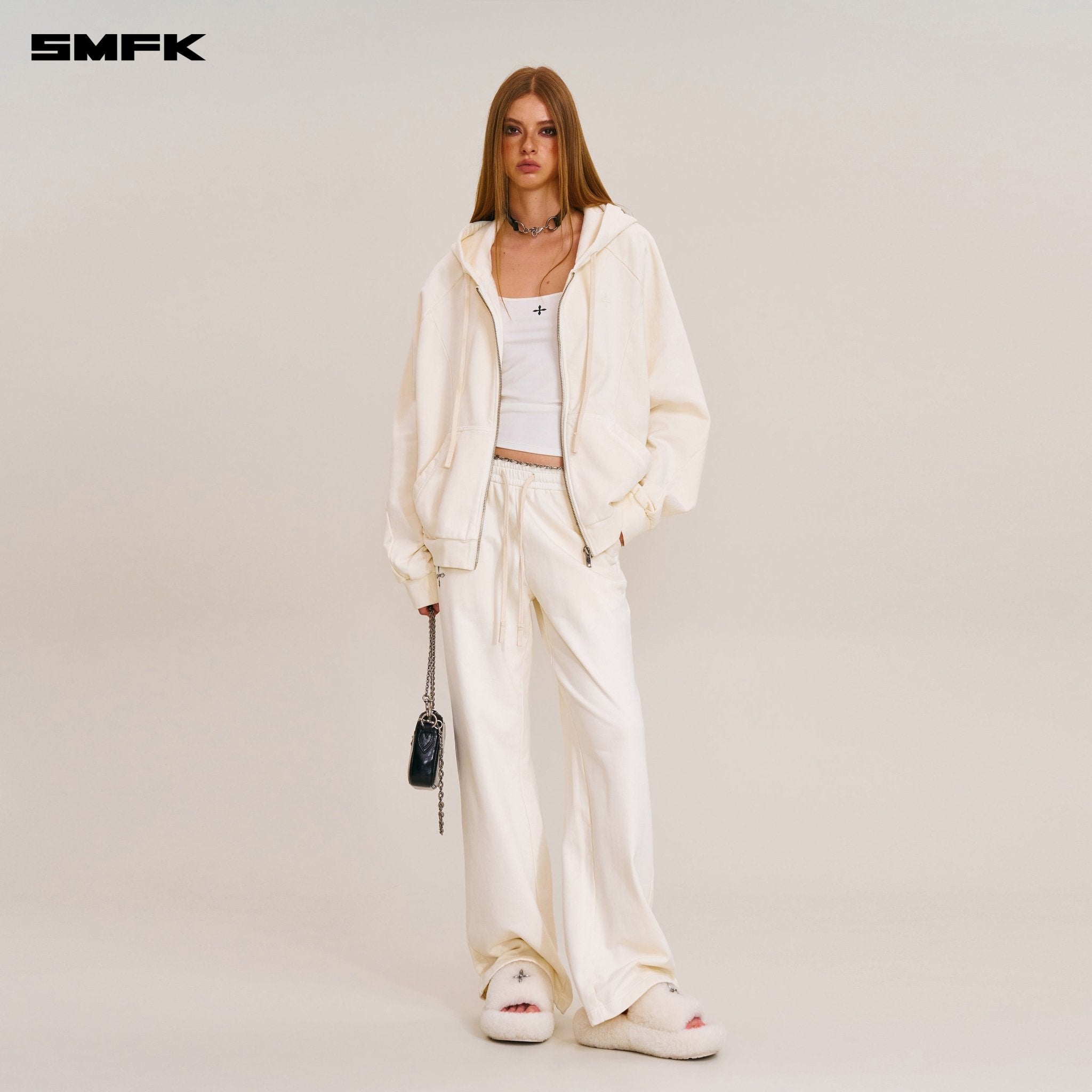 SMFK Vintage - Savage Loose Sports Zip Hoodie in Snow Mountain White | MADAX