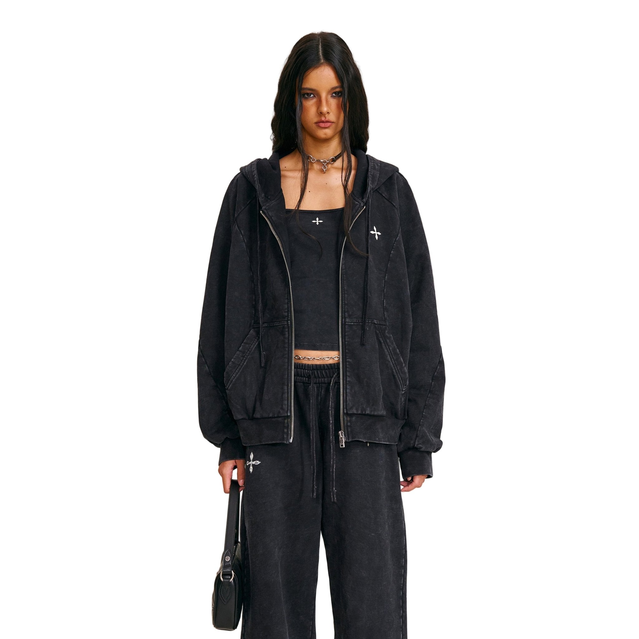 SMFK Vintage - Savage Loose Sports Zip Hoodie in Wild Black | MADAX