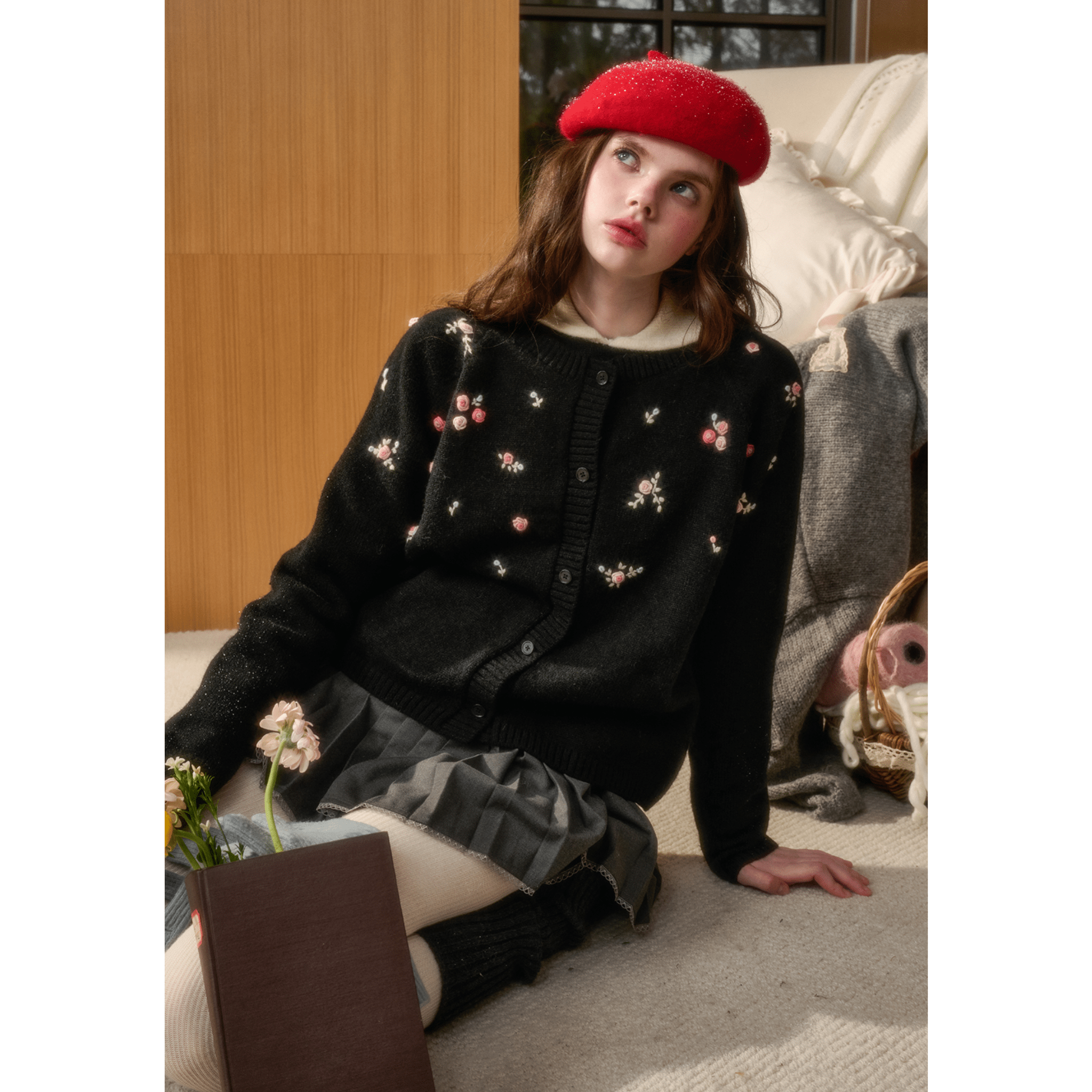 Group of Universe "Warm Heart" Embroidered Cardigan in Black | MADAX