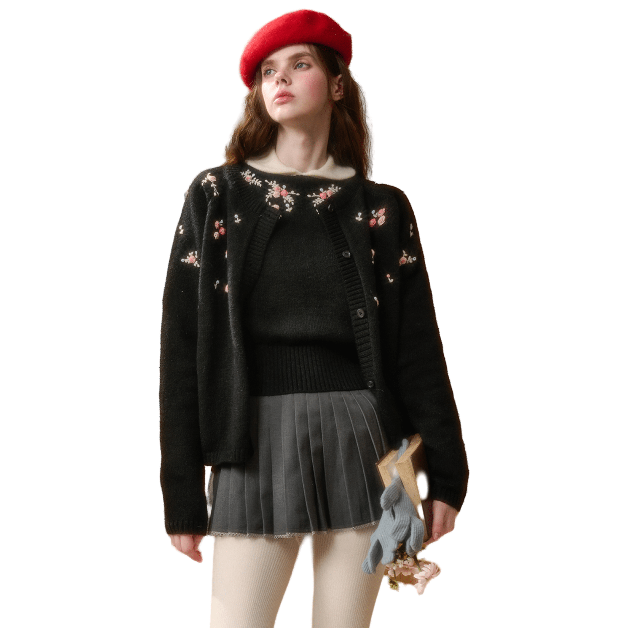 Group of Universe "Warm Heart" Embroidered Cardigan in Black | MADAX