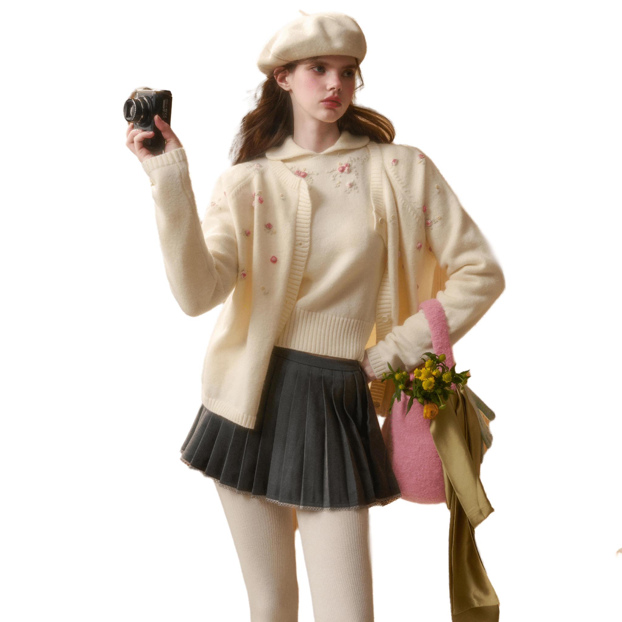 Group of Universe "Warm Heart" Embroidered Cardigan in White | MADAX