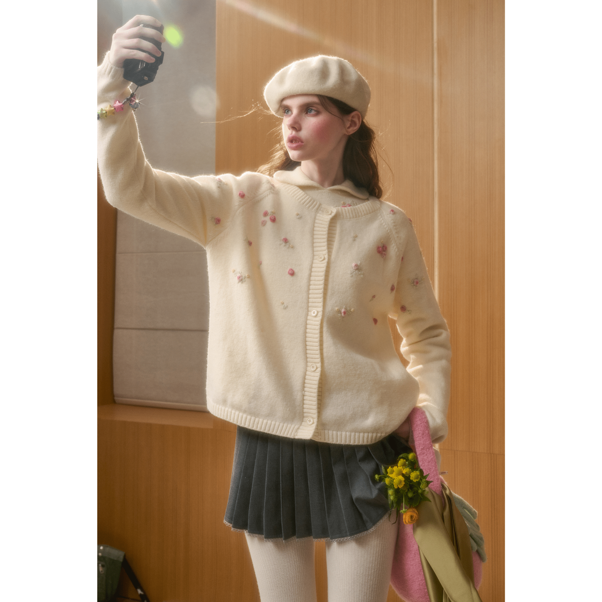 Group of Universe "Warm Heart" Embroidered Cardigan in White | MADAX