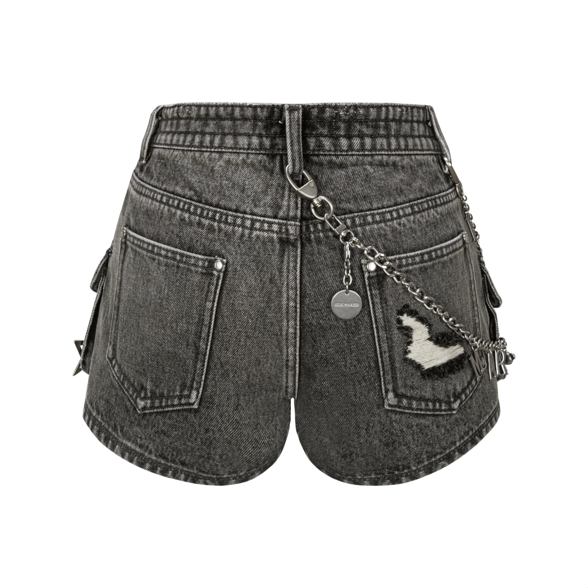 13DE MARZO Washed Denim Shorts with Bear Chain in Gray | MADAX