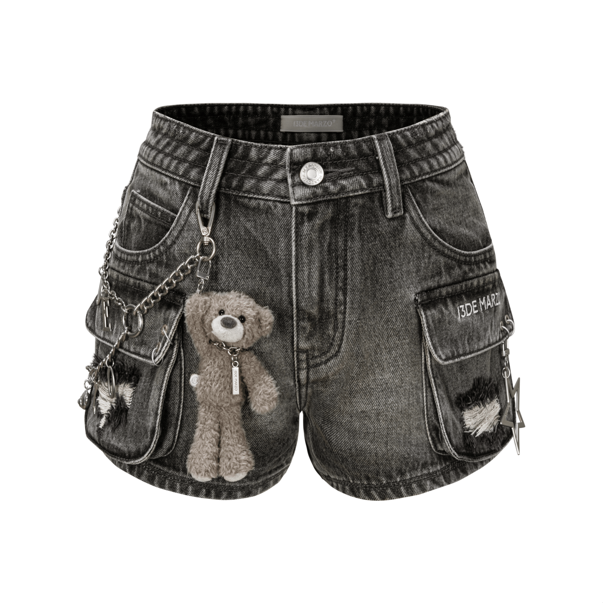 13DE MARZO Washed Denim Shorts with Bear Chain in Gray | MADAX