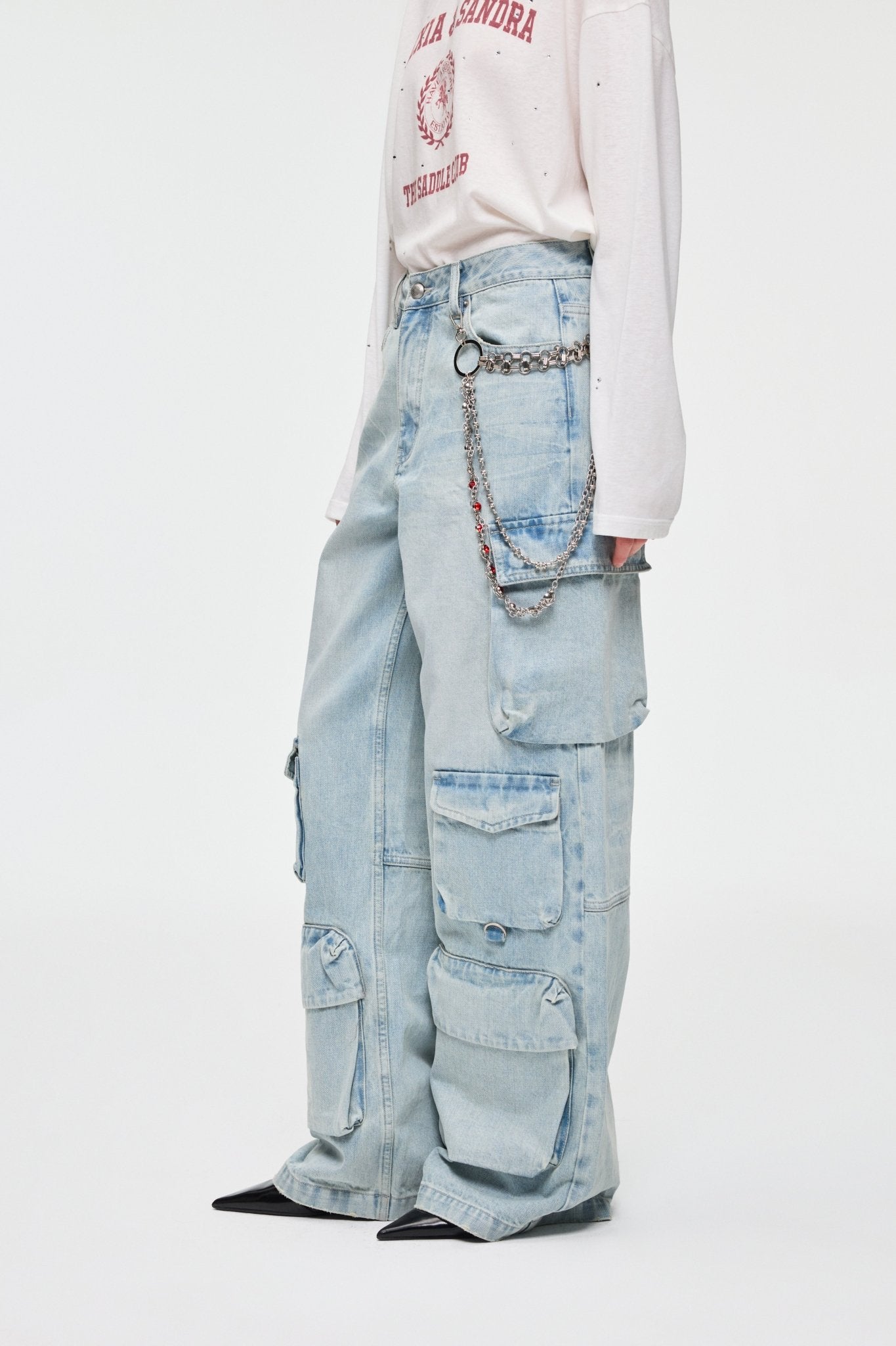 Alexia Sandra Washed Multi - pocket Loose Cargo Jeans In Ice Blue | MADAX