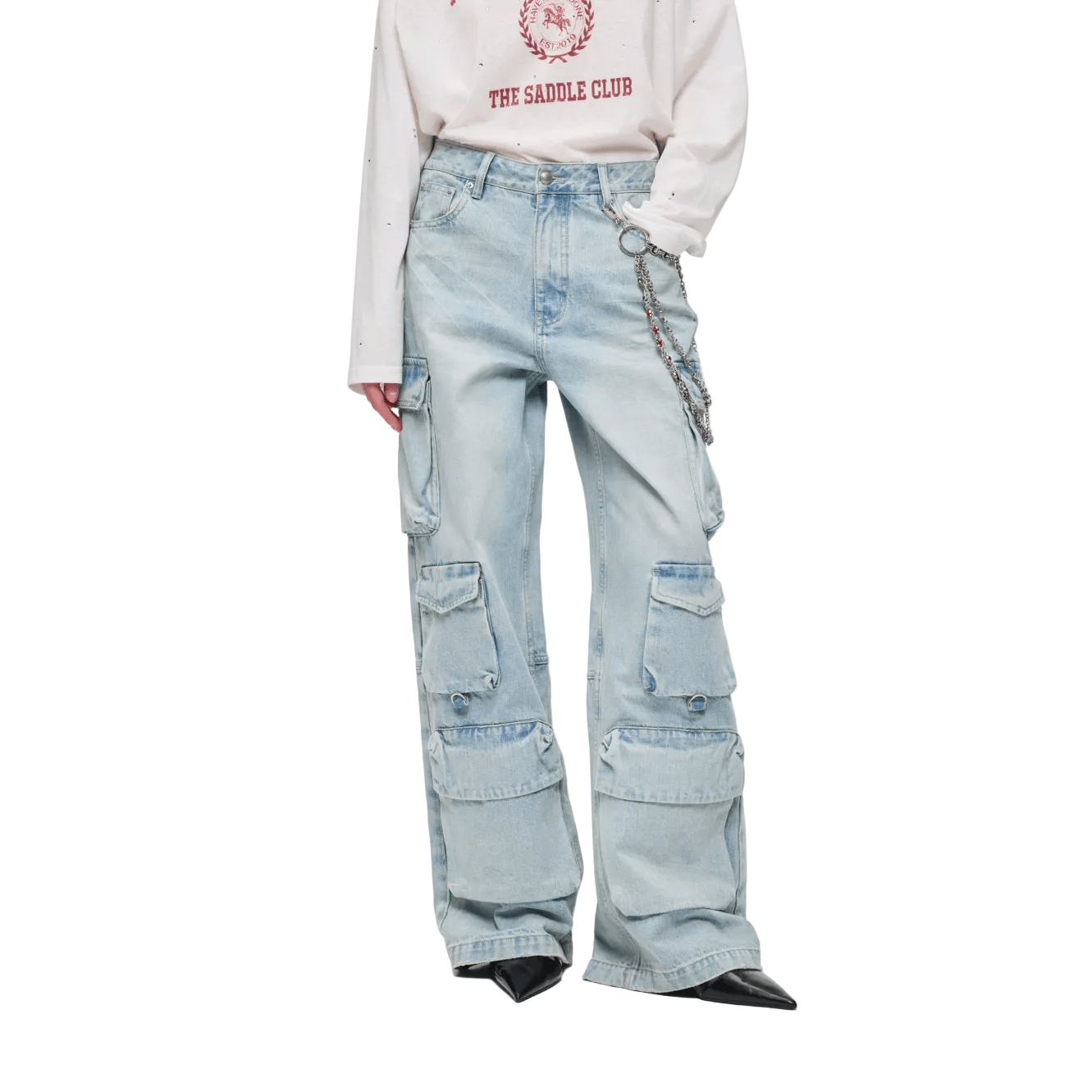 Alexia Sandra Washed Multi - pocket Loose Cargo Jeans In Ice Blue | MADAX