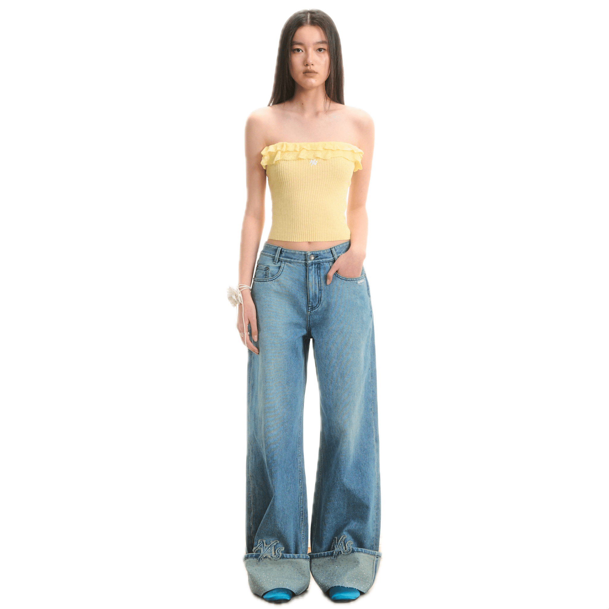 NAWS Wave Tube Top Ruffled Knitted Vest Top in Yellow | MADAX