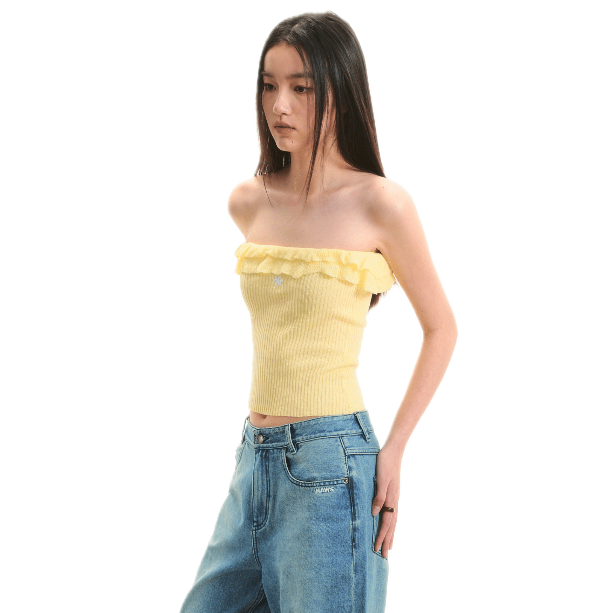 NAWS Wave Tube Top Ruffled Knitted Vest Top in Yellow | MADAX