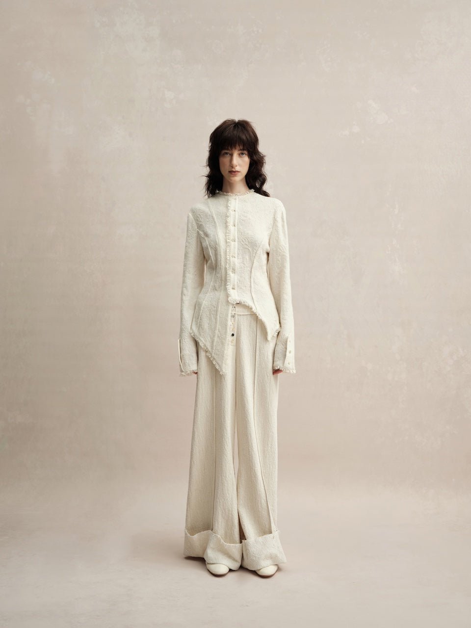 ELYWOOD White Asymmetrical Wool Lace Shirt | MADAX