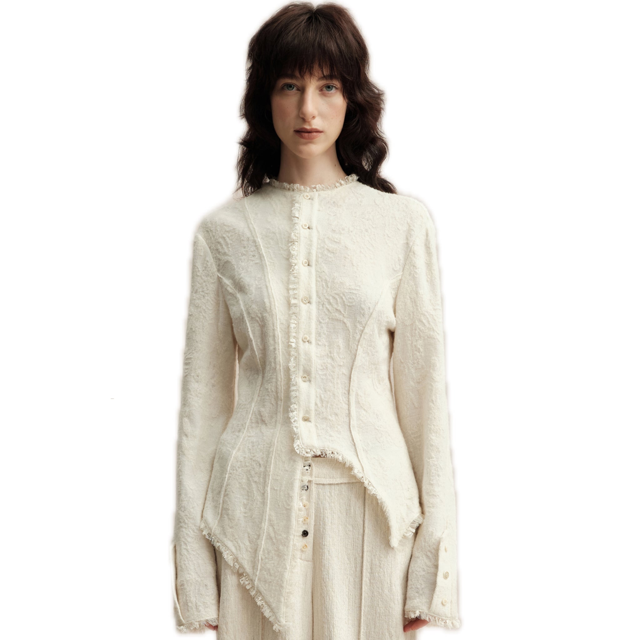 ELYWOOD White Asymmetrical Wool Lace Shirt | MADAX