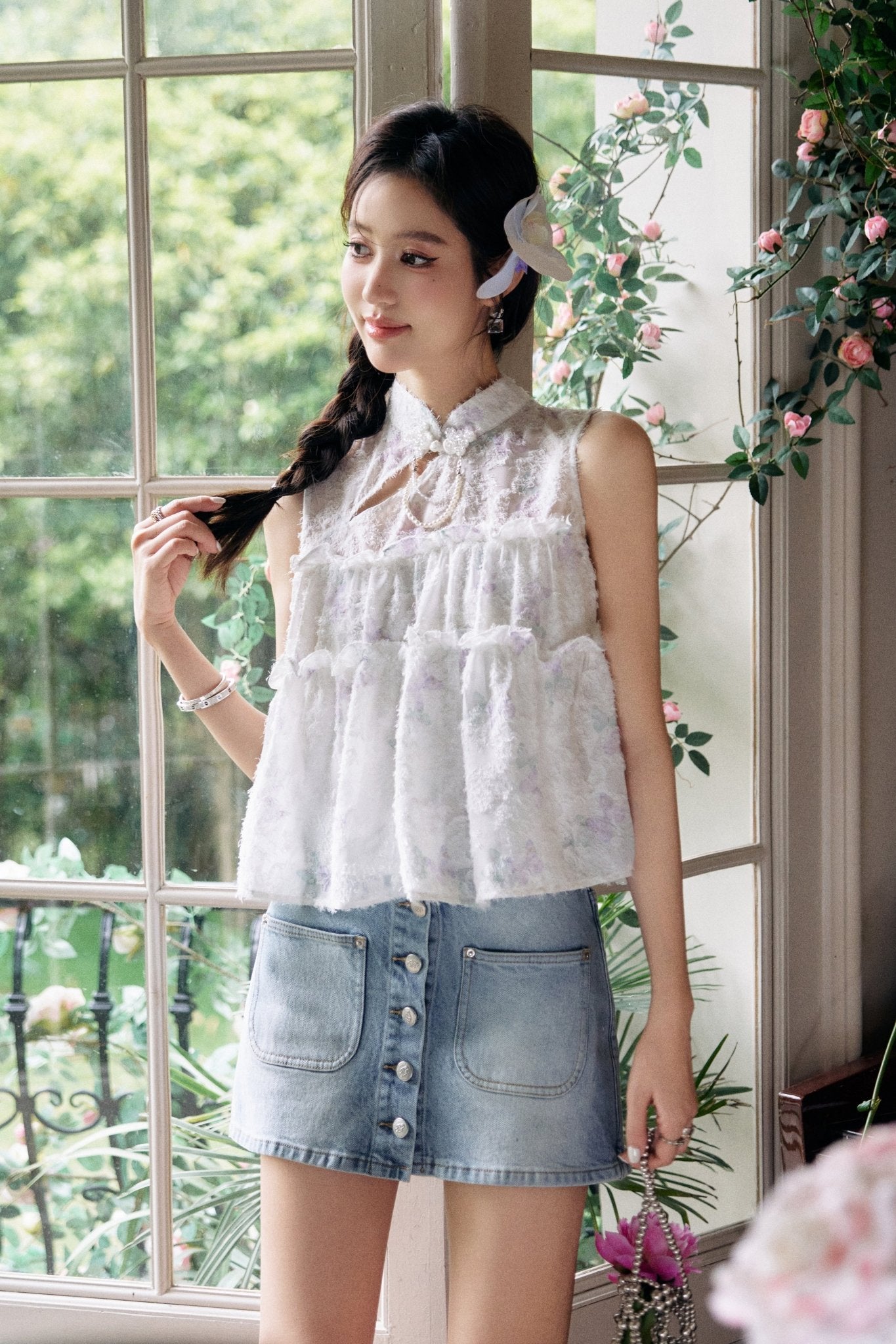 THREE QUARTERS White Butterfly Printed Pearl Chain New Chinese Top | MADA IN CHINA