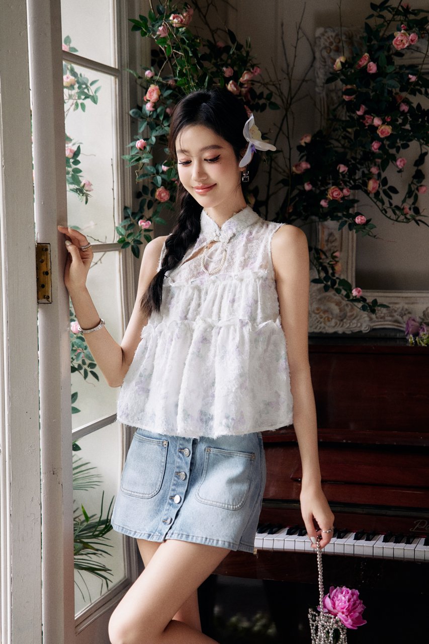 THREE QUARTERS White Butterfly Printed Pearl Chain New Chinese Top | MADA IN CHINA