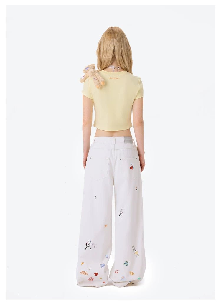 13DE MARZO White Denim Sticker Bear Jeans | MADAX