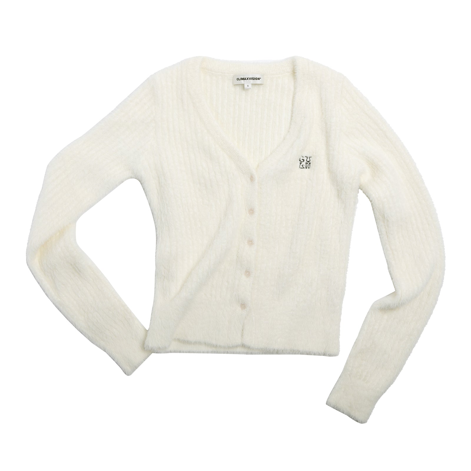 CLIMAX VISION White Faux Mink V - neck Ribbed Knit Cardigan | MADAX