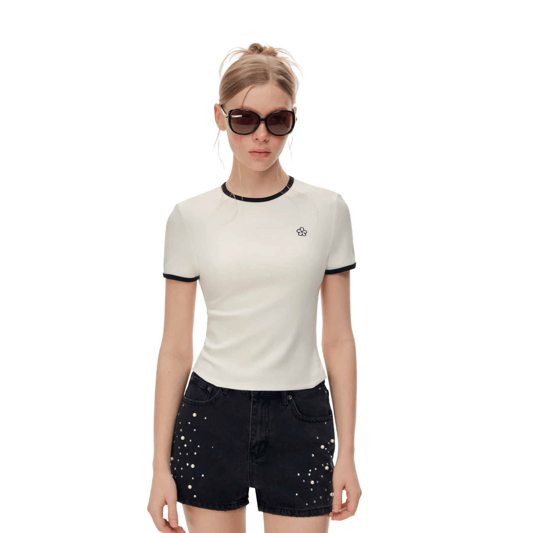 CLIMAX VISION White Floral Embroidered Short - Sleeve T-Shirt | MADAX