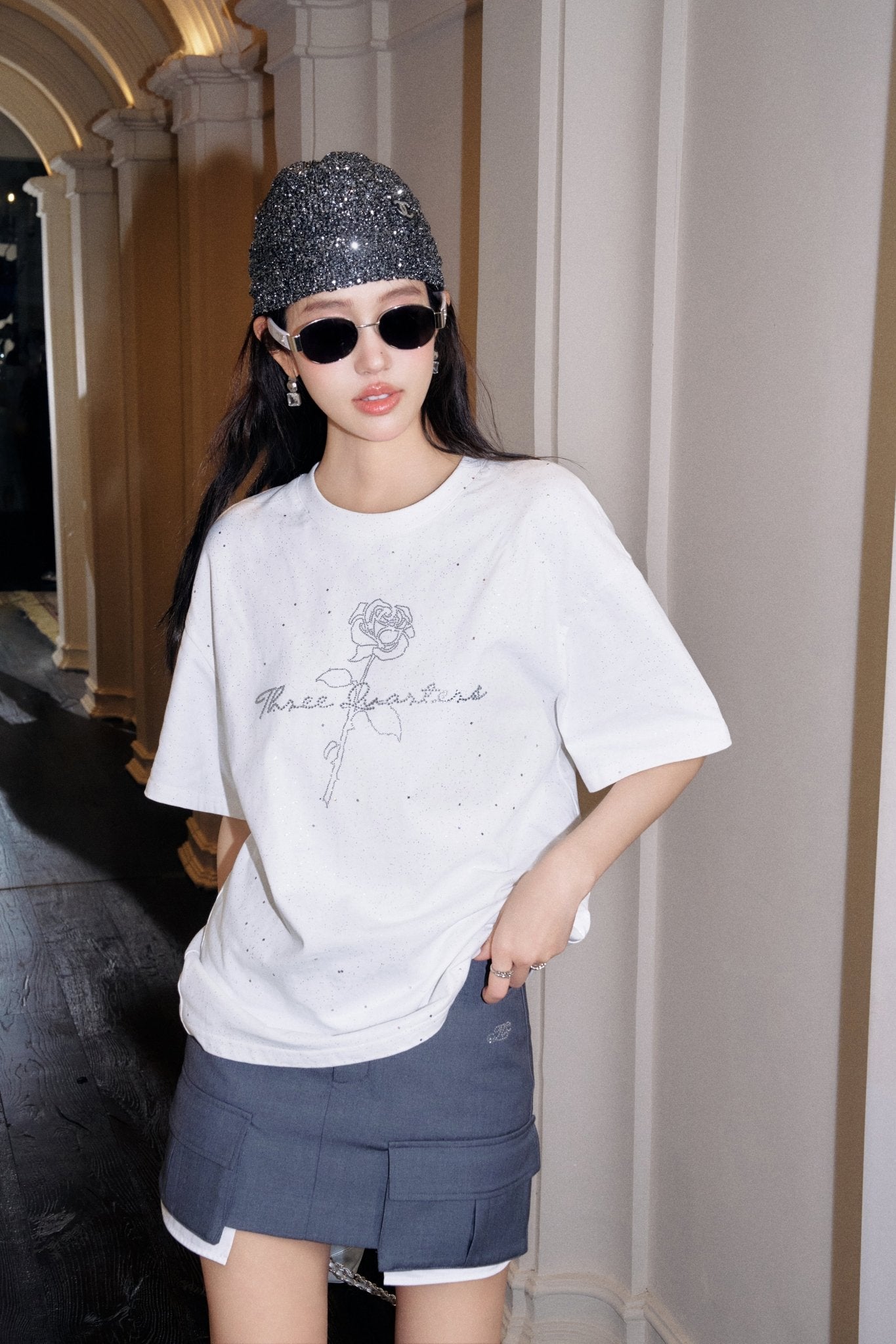 THREE QUARTERS White Full Star Rose Rhinestone Printed Washed T - Shirt | MADA IN CHINA