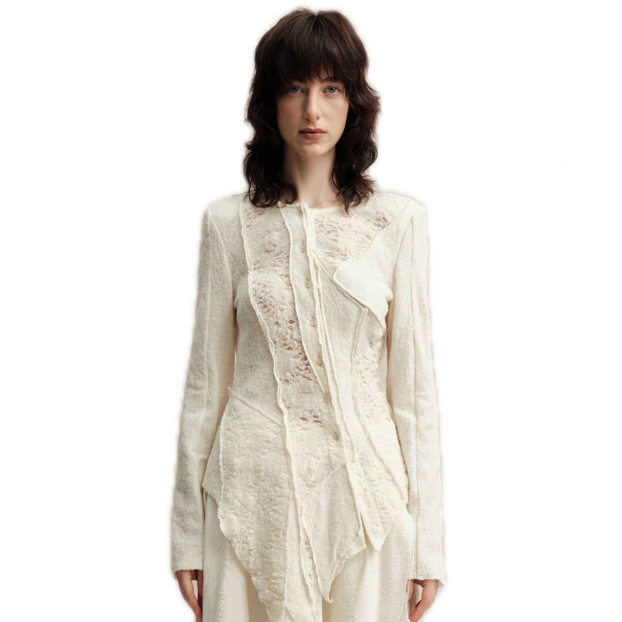 ELYWOOD White Hollow Lace Wool Cardigan | MADAX