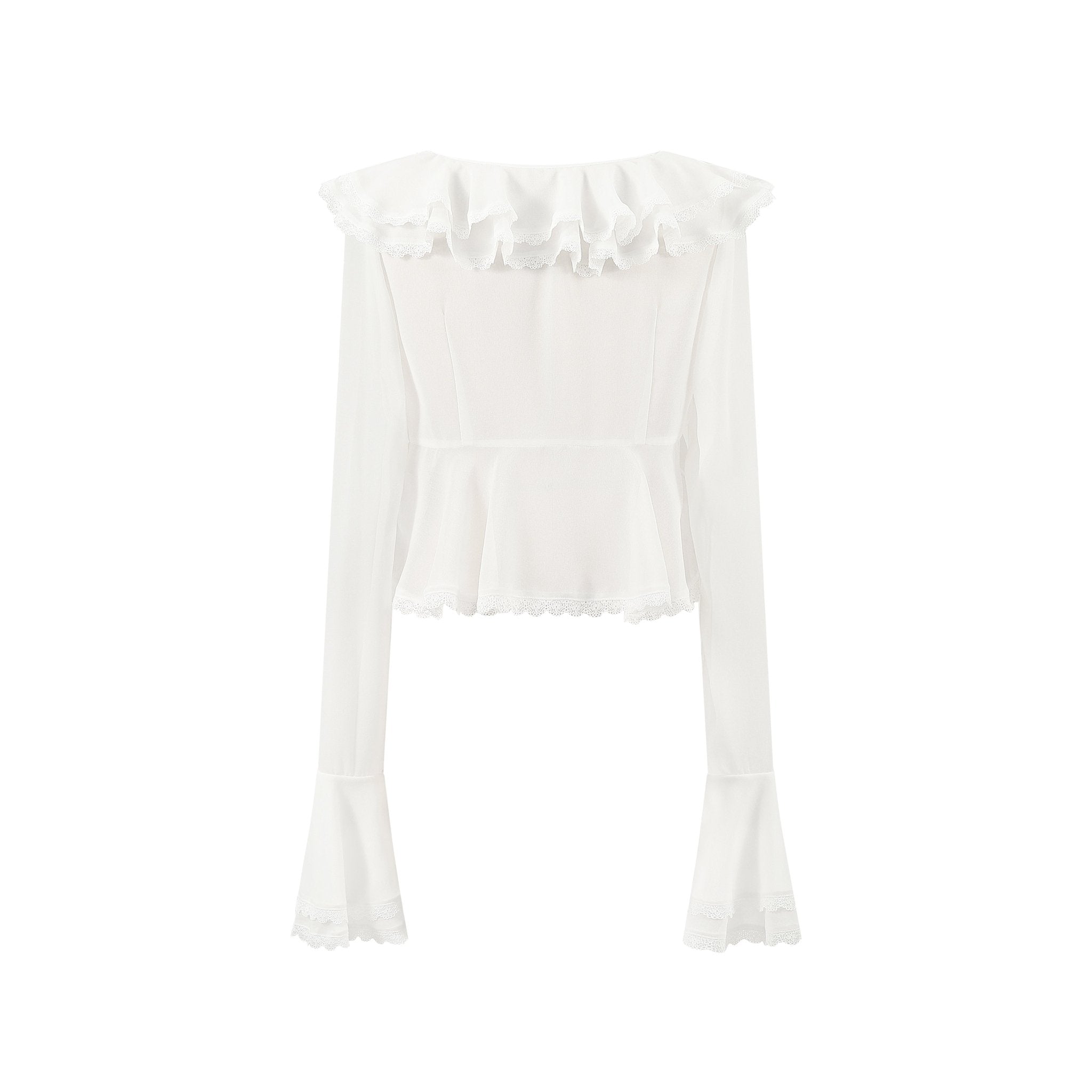 THREE QUARTERS White Lace Lace Ruffle Neck Blouse | MADA IN CHINA