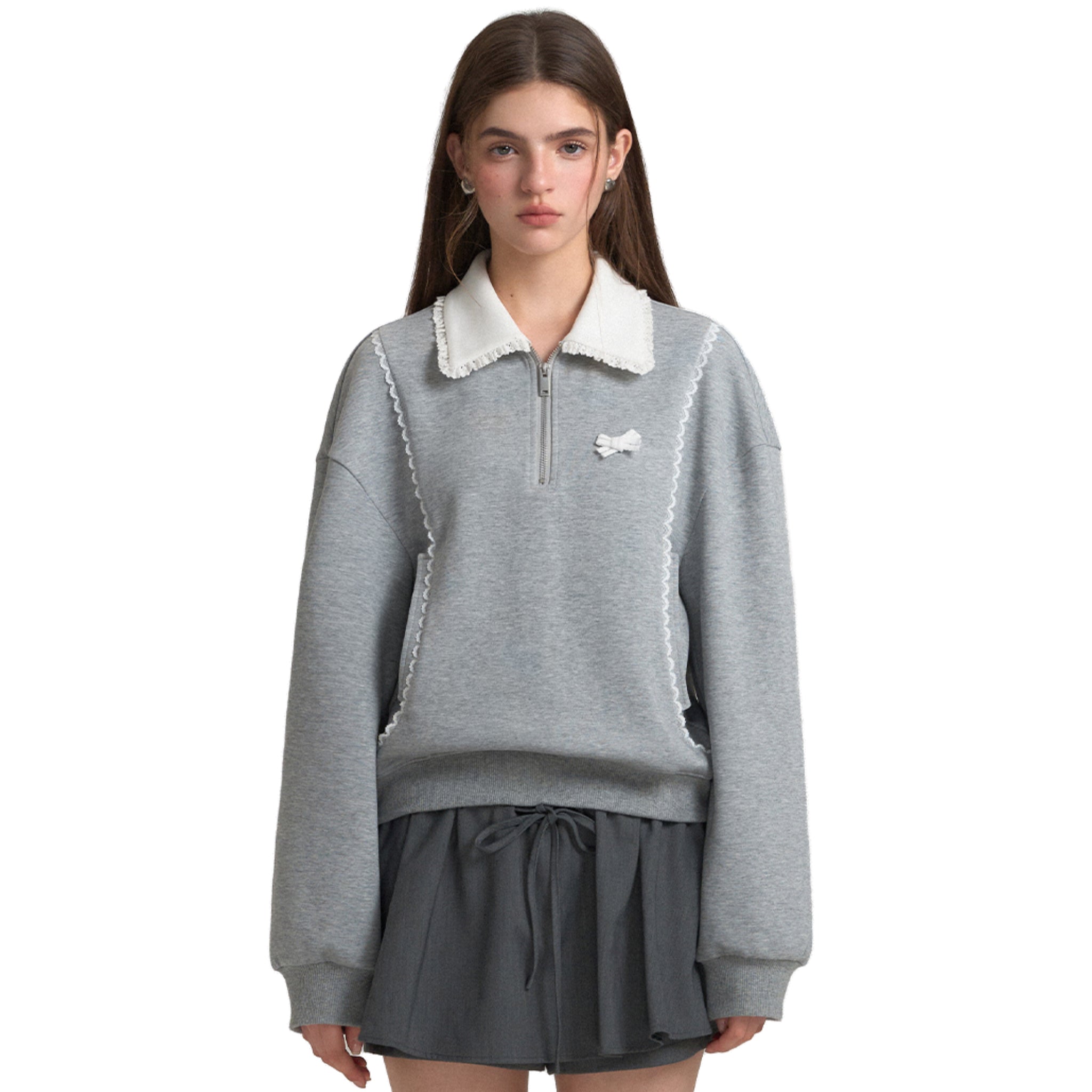 SOMESOWE White Large Square Collar Lace Sweatshirt In Gray | MADAX