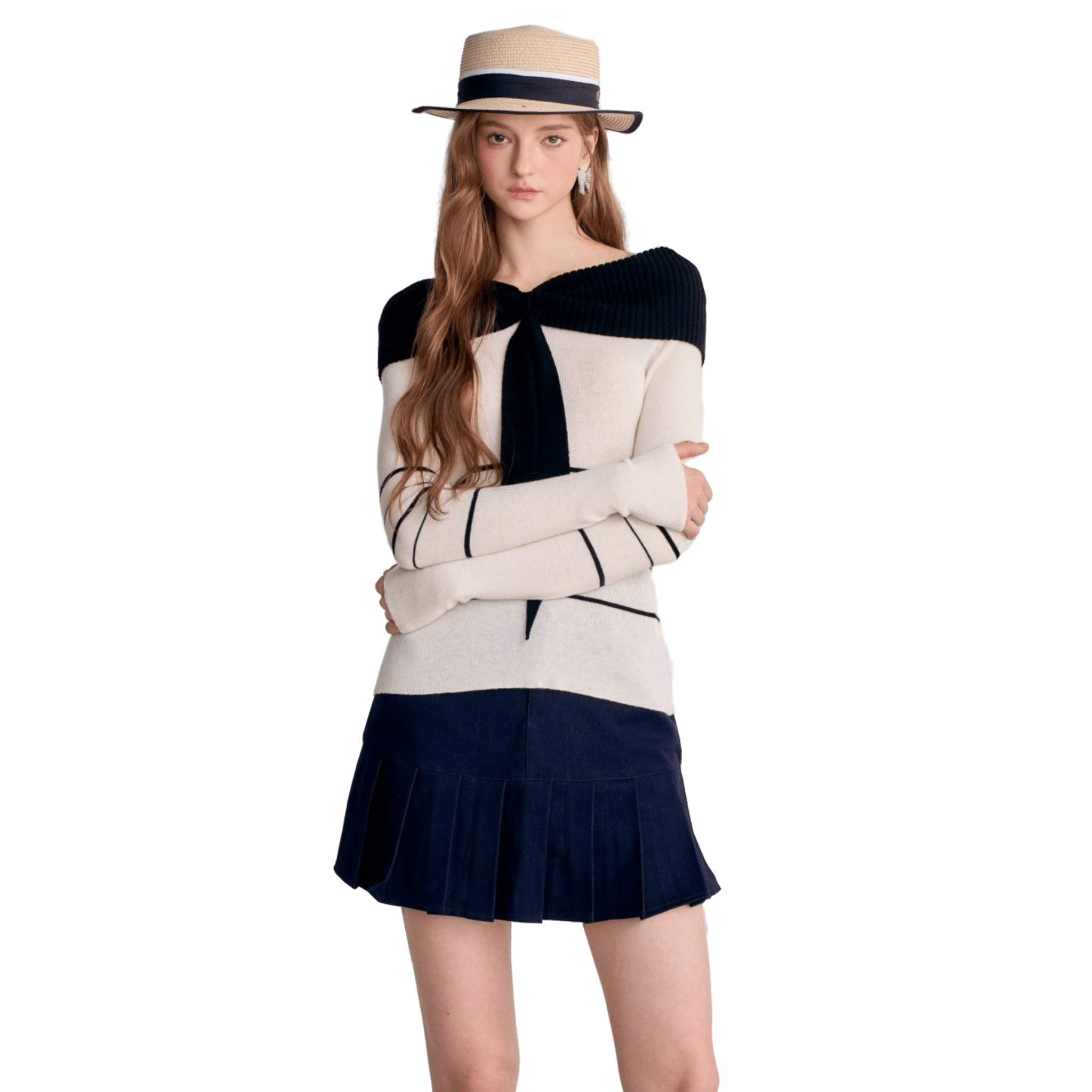 AIMME SPARROW White Off - shoulder Tie - up striped Knitted Long Sleeves | MADAX