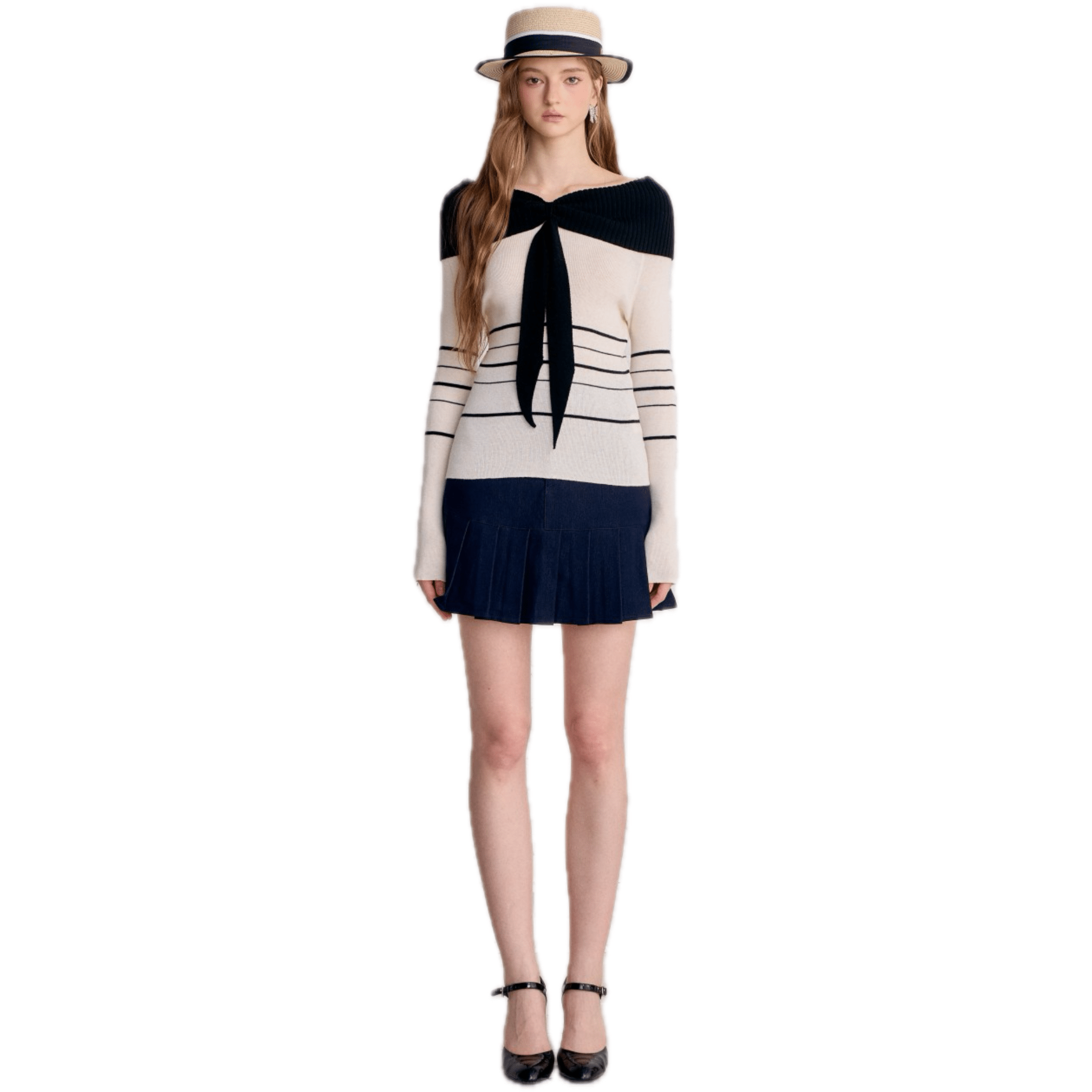 AIMME SPARROW White Off - shoulder Tie - up striped Knitted Long Sleeves | MADAX