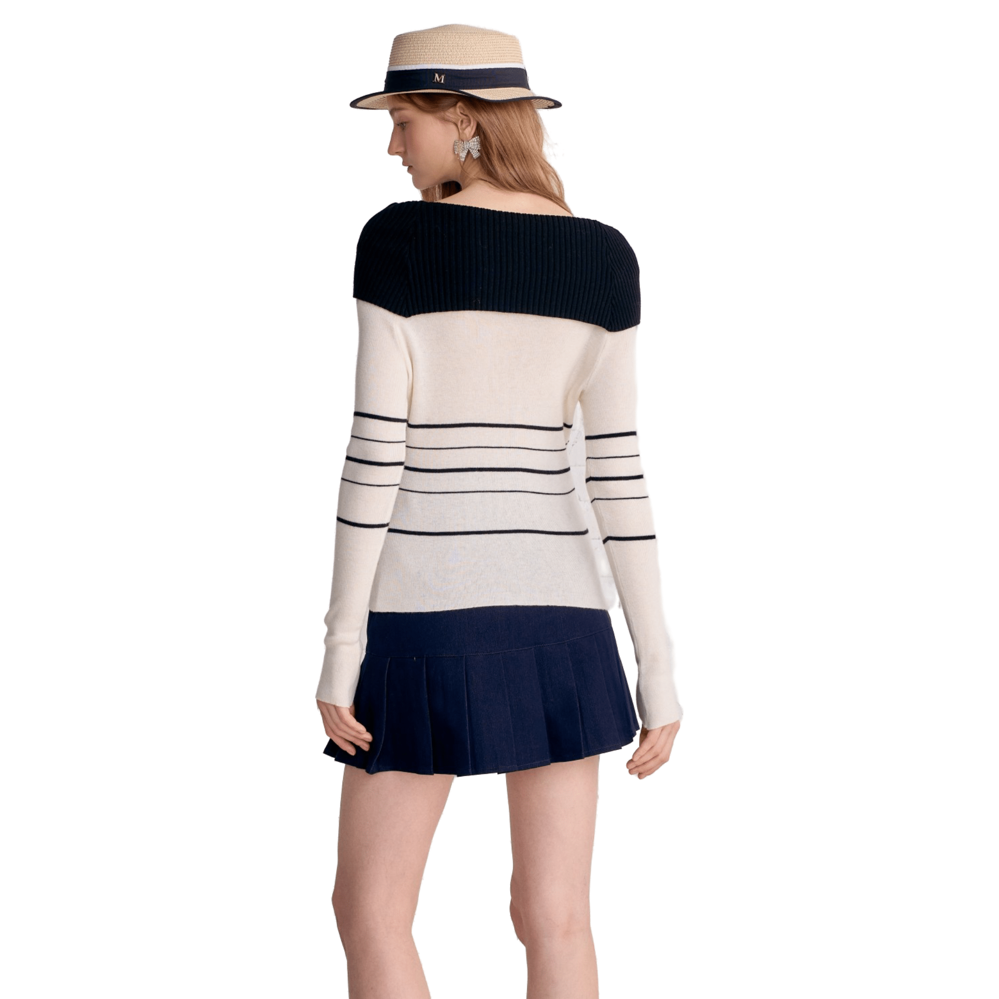 AIMME SPARROW White Off - shoulder Tie - up striped Knitted Long Sleeves | MADAX