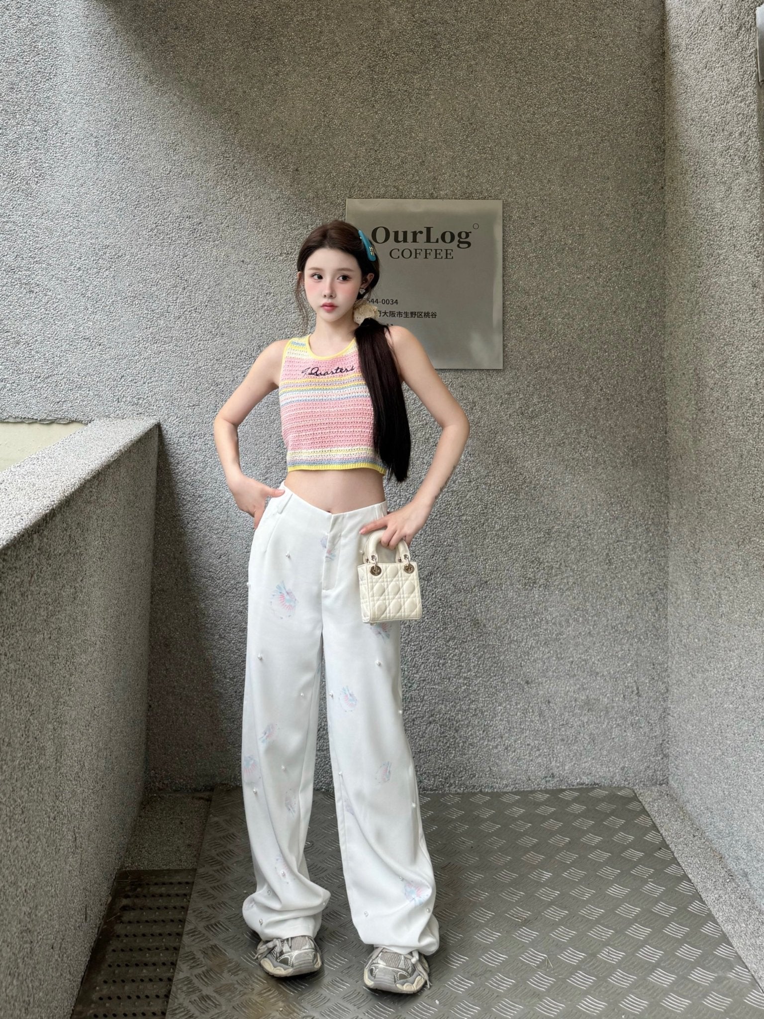 THREE QUARTERS White Pearl Shell Printed Casual Pants | MADA IN CHINA