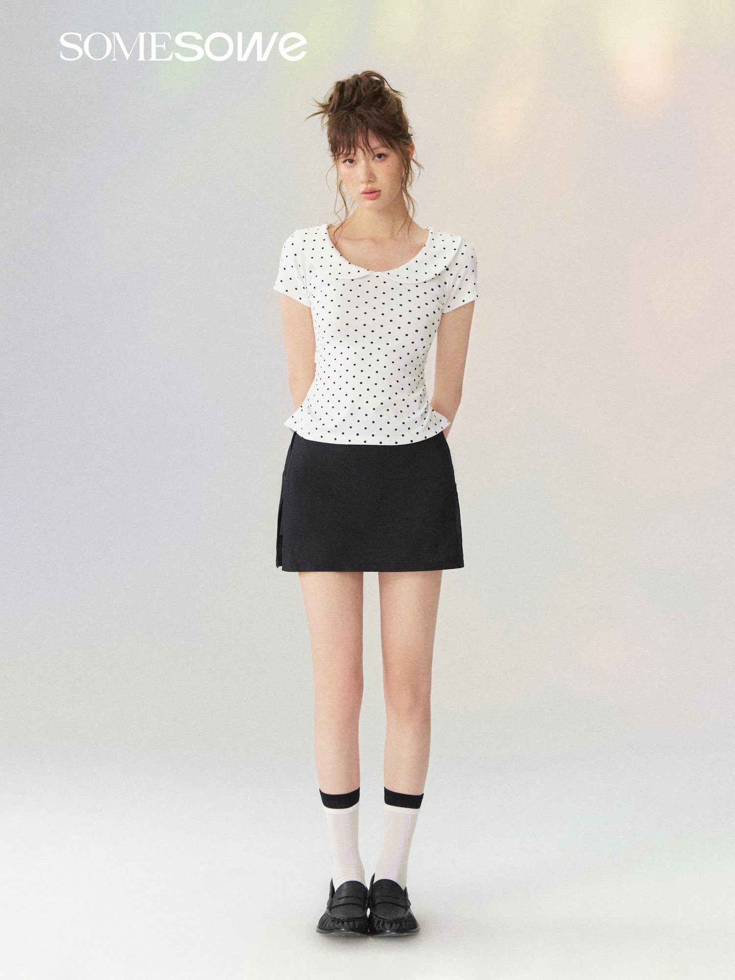 SOMESOWE White Polka Dot Peter Pan Collar Tie-Back T-Shirt | MADAX