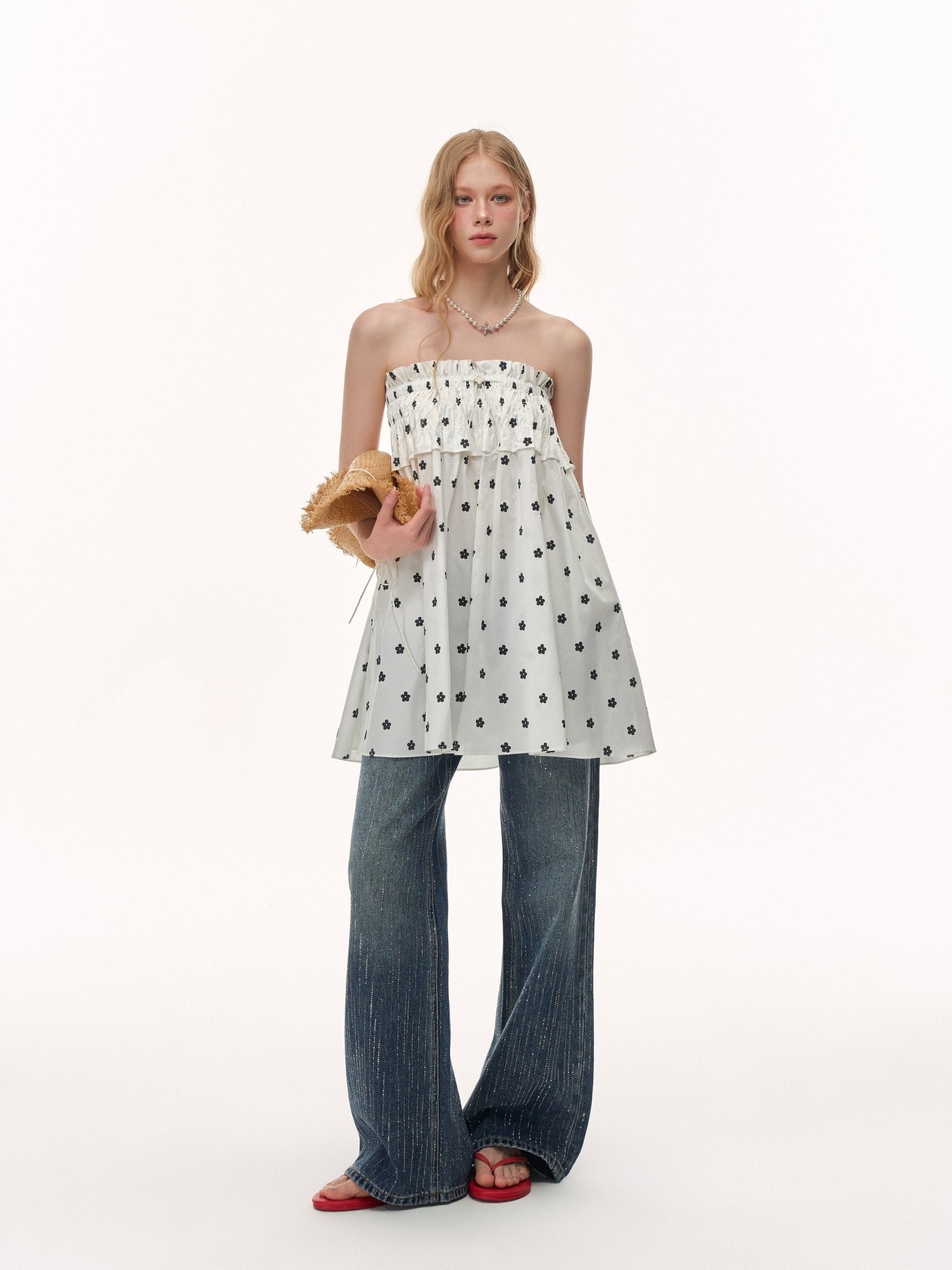 CLIMAX VISION White Printed Two - Way Drawstring Strapless Dress/Skirt | MADAX