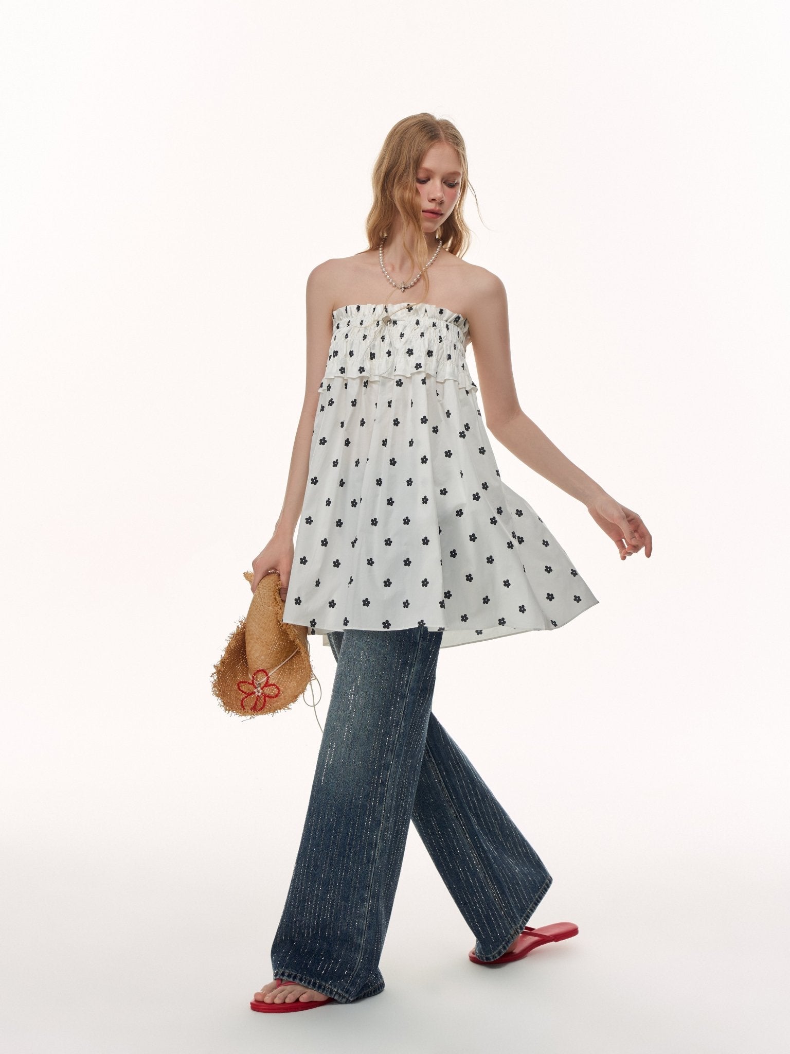 CLIMAX VISION White Printed Two - Way Drawstring Strapless Dress/Skirt | MADAX