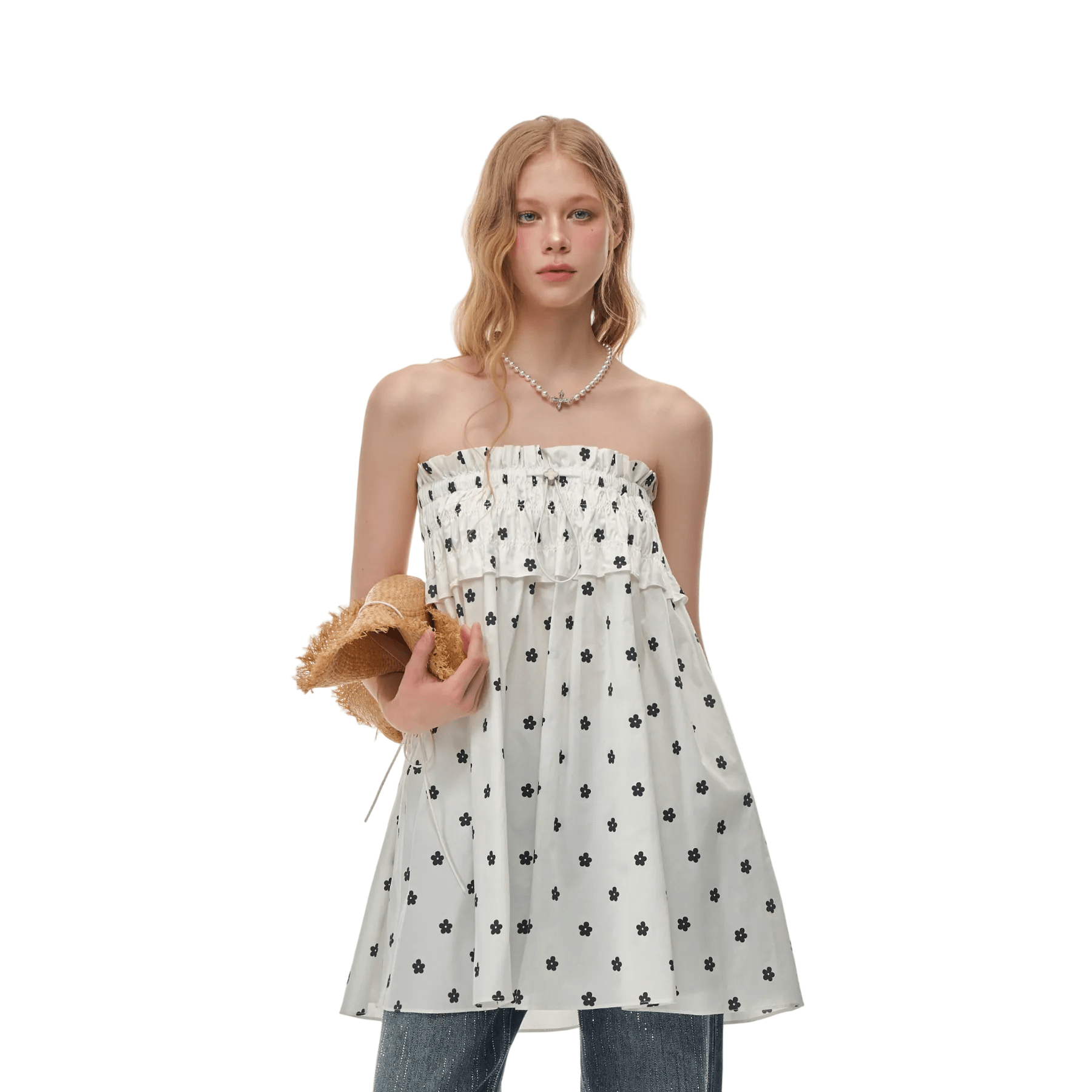 CLIMAX VISION White Printed Two - Way Drawstring Strapless Dress/Skirt | MADAX