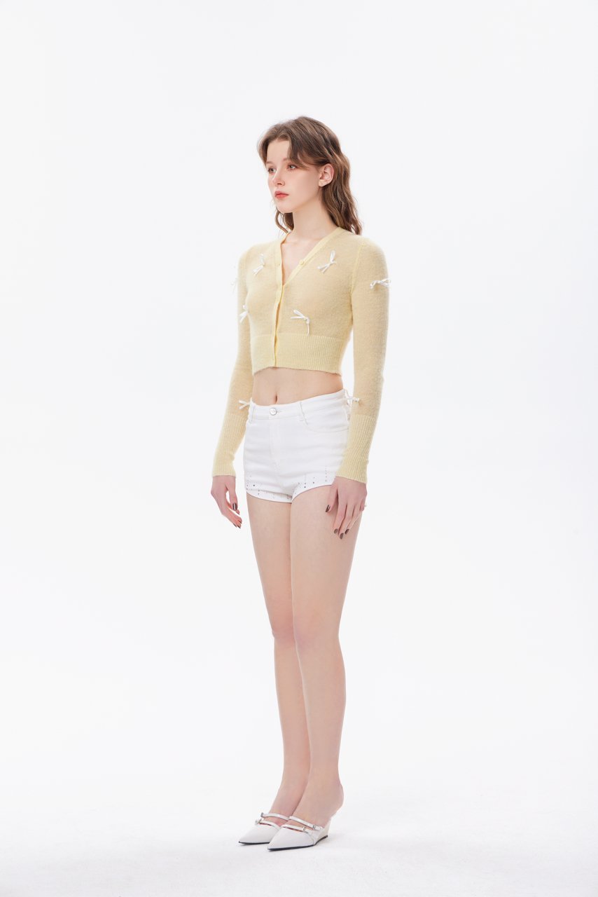 THREE QUARTERS White Rhinestone Denim Shorts | MADA IN CHINA