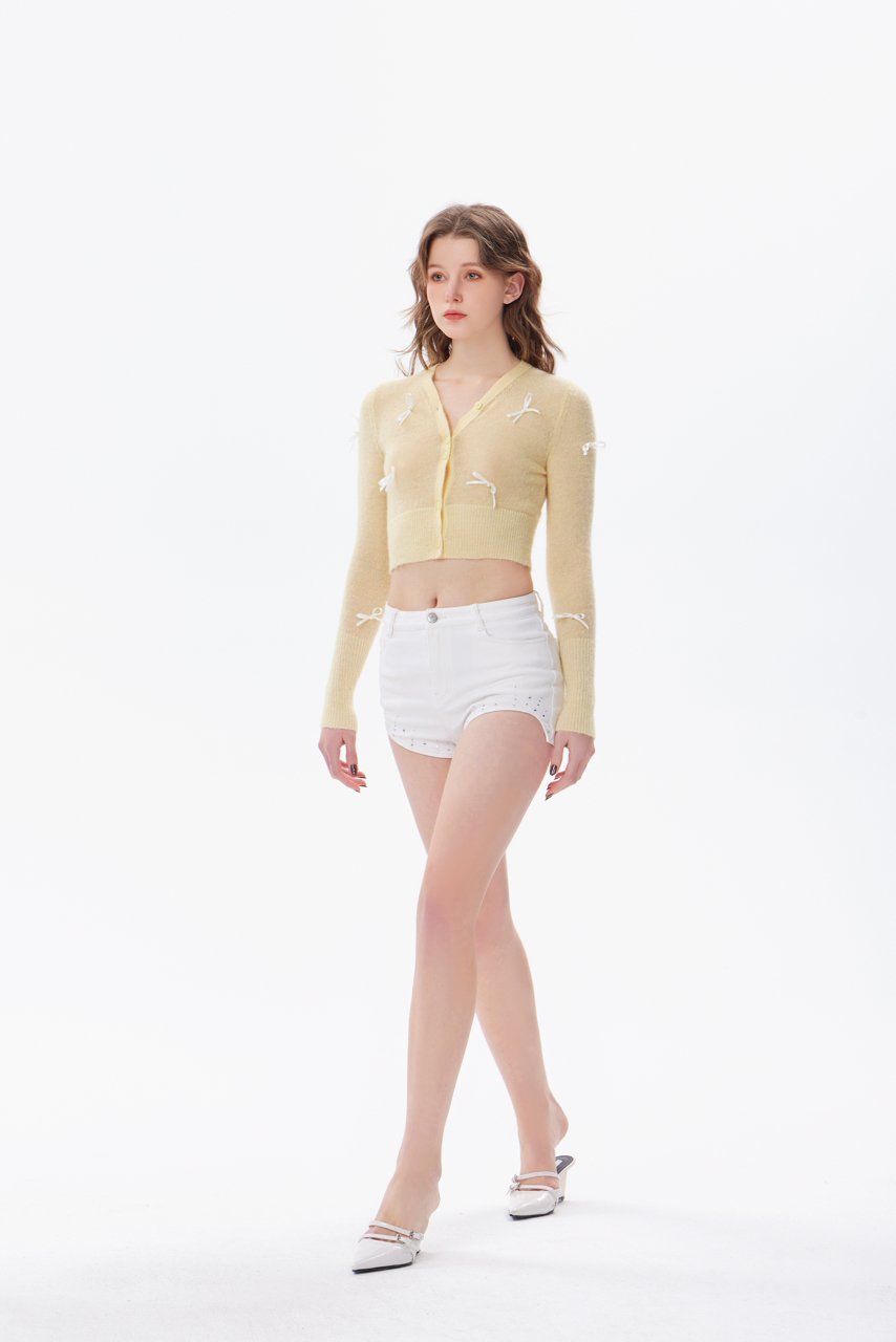 THREE QUARTERS White Rhinestone Denim Shorts | MADA IN CHINA