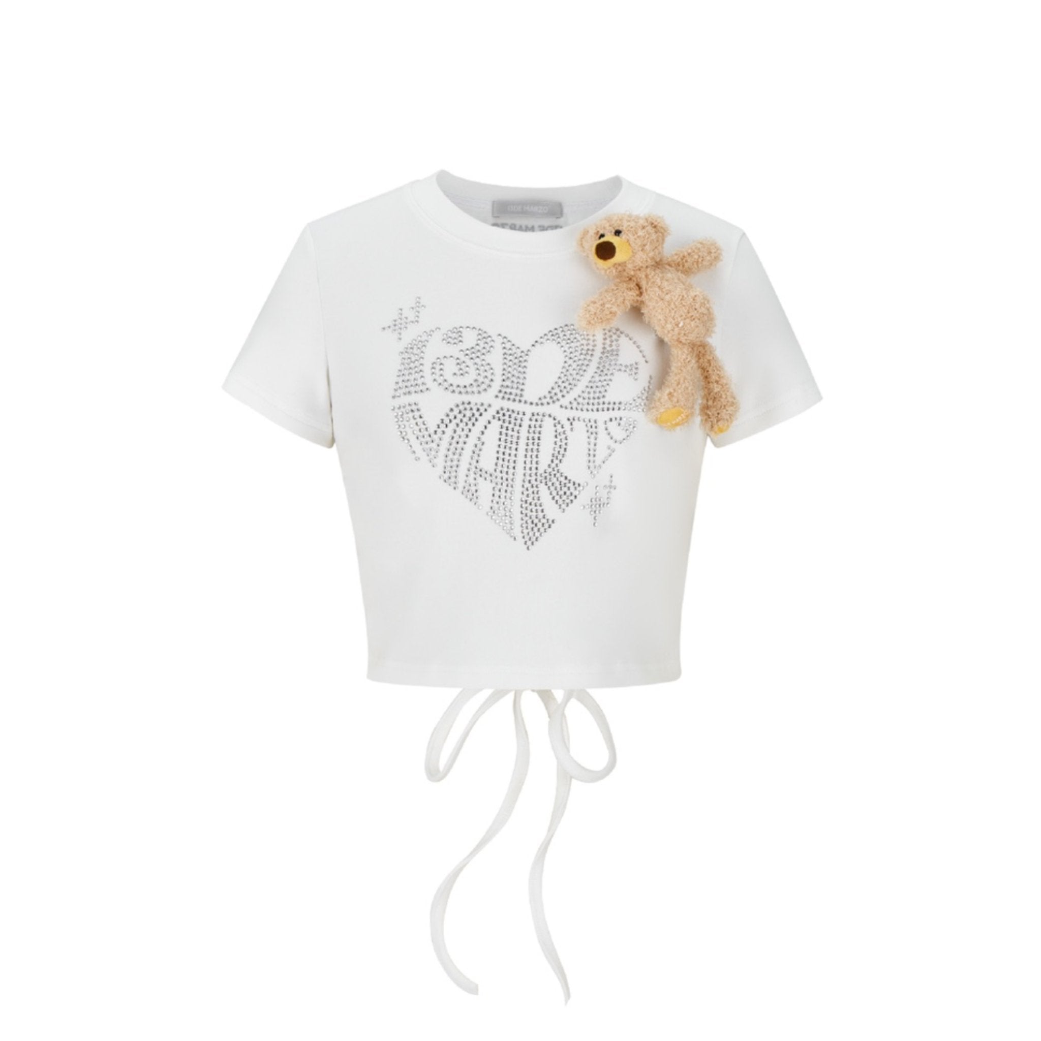 13DE MARZO White Rhinestone Heart Logo Tee | MADA IN CHINA