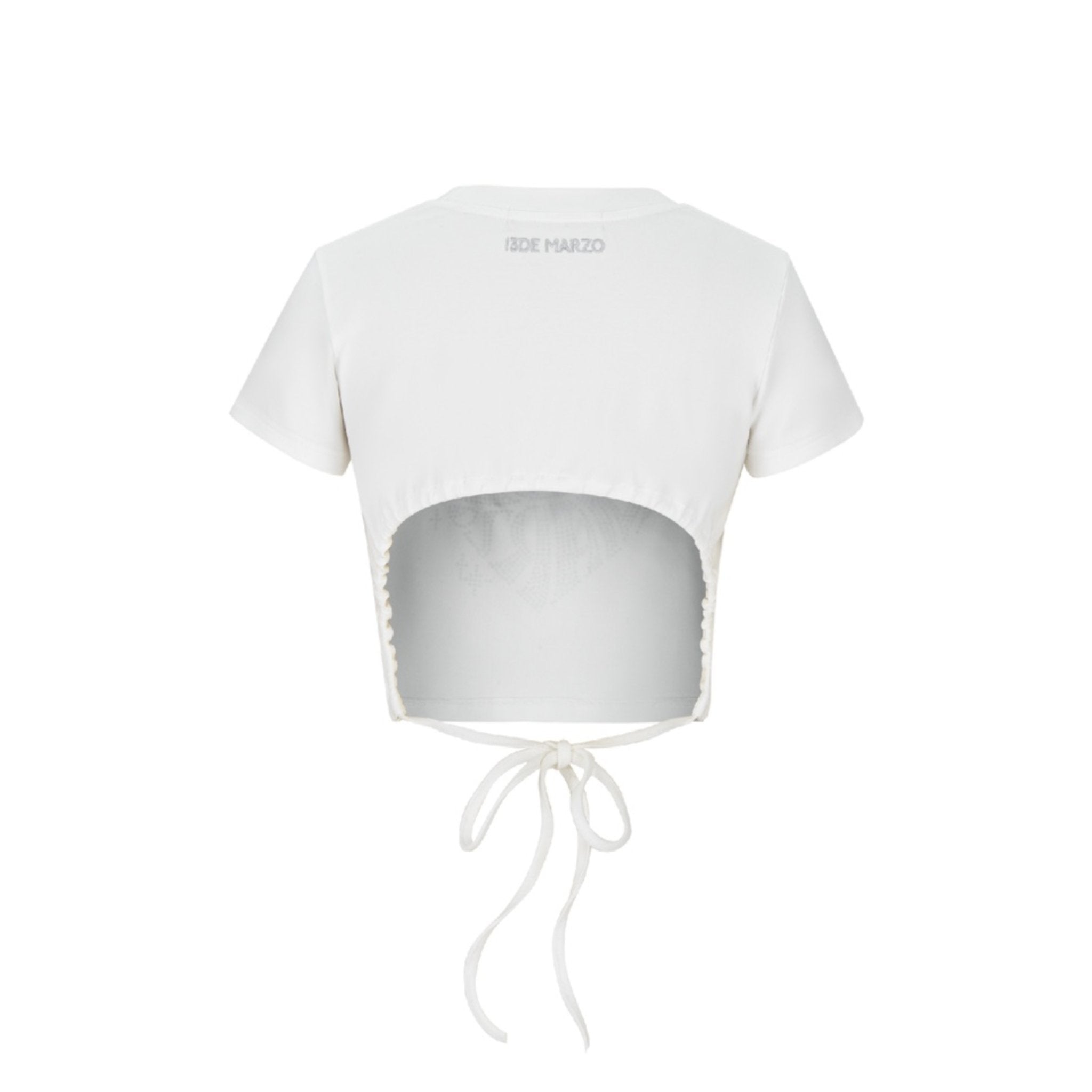 13DE MARZO White Rhinestone Heart Logo Tee | MADA IN CHINA