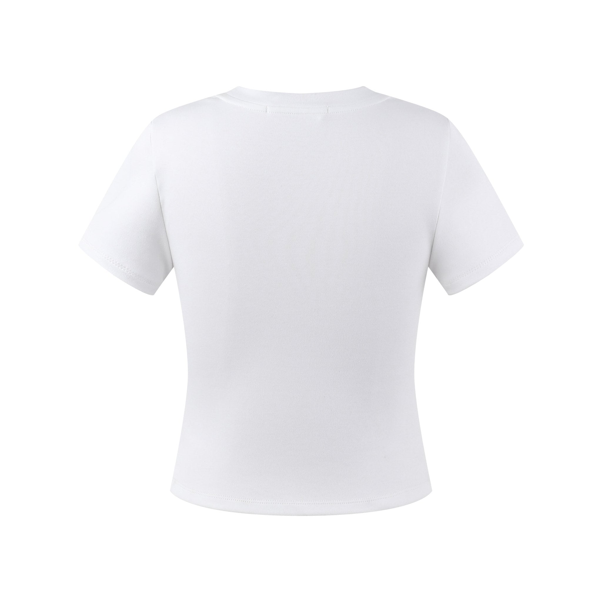 THREE QUARTERS White Rhinestone Printed Front Shoulder Small Fit Tee | MADA IN CHINA