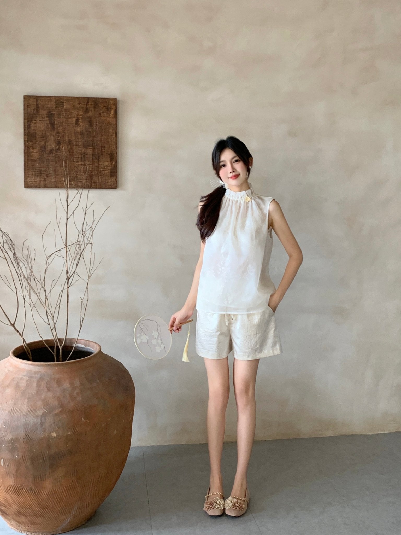 EtheClouds White Ruched Stand Collar Vest | MADA IN CHINA