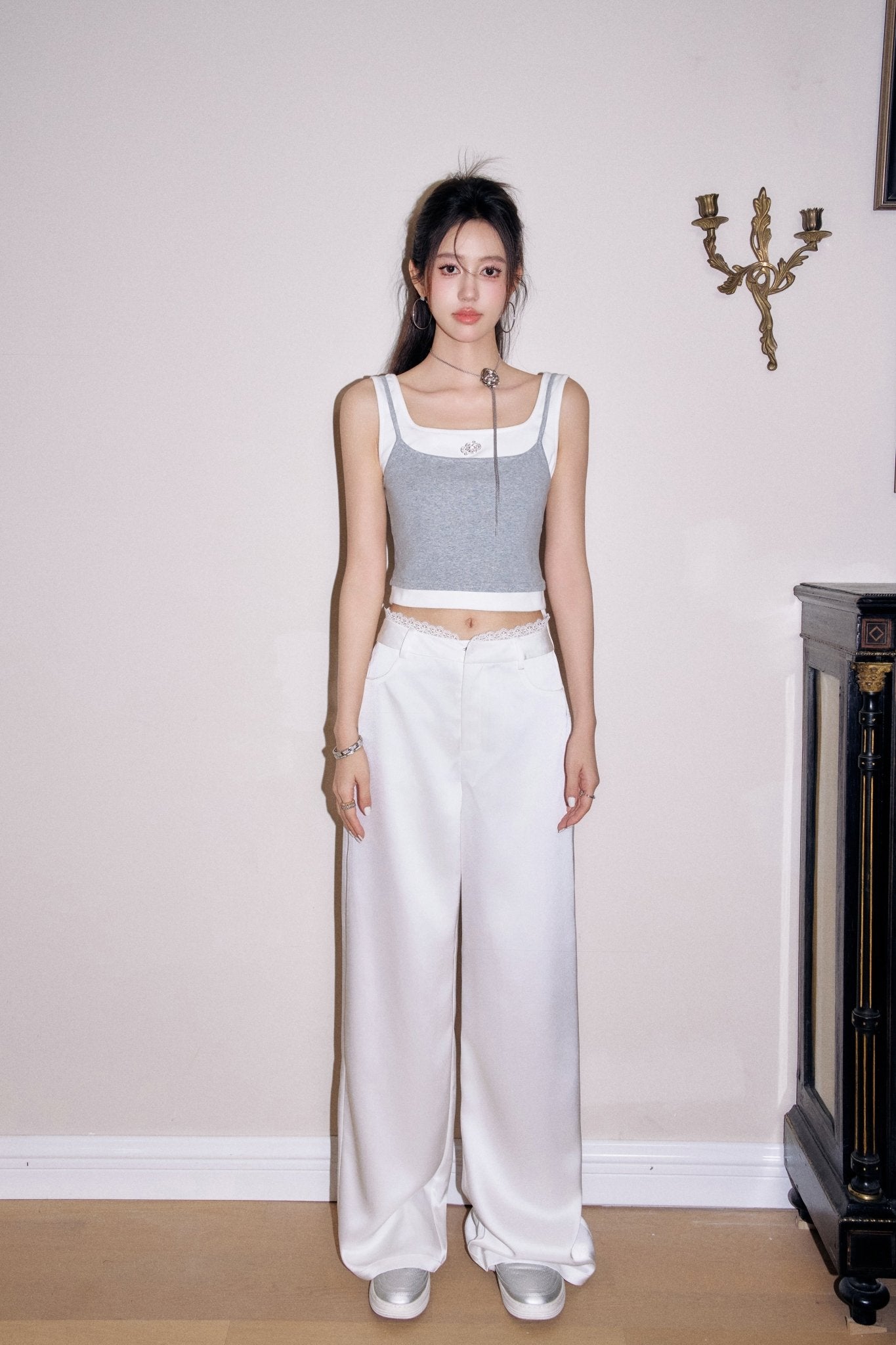 THREE QUARTERS White Satin Lace Waistband Straight Leg Pants | MADA IN CHINA