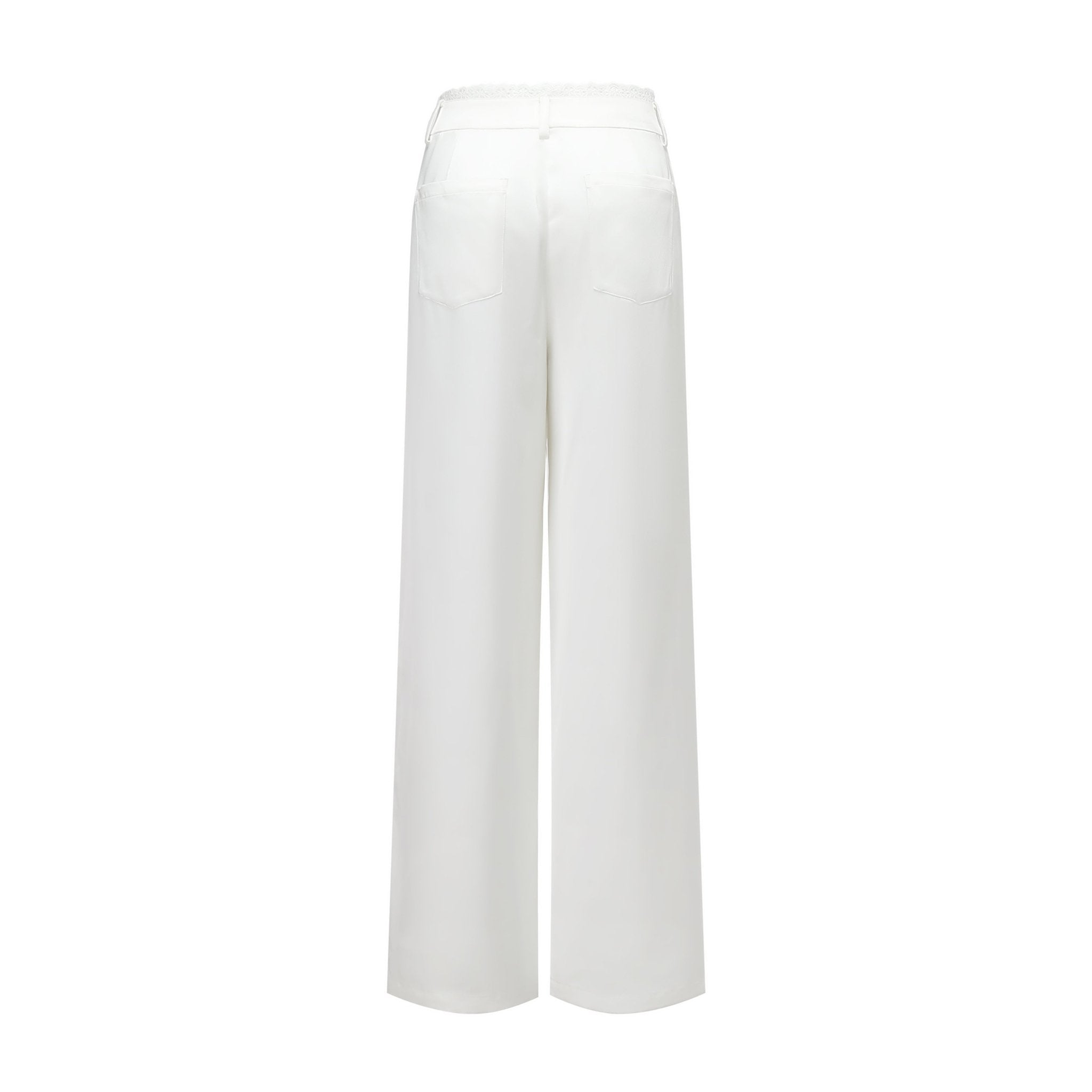 THREE QUARTERS White Satin Lace Waistband Straight Leg Pants | MADA IN CHINA